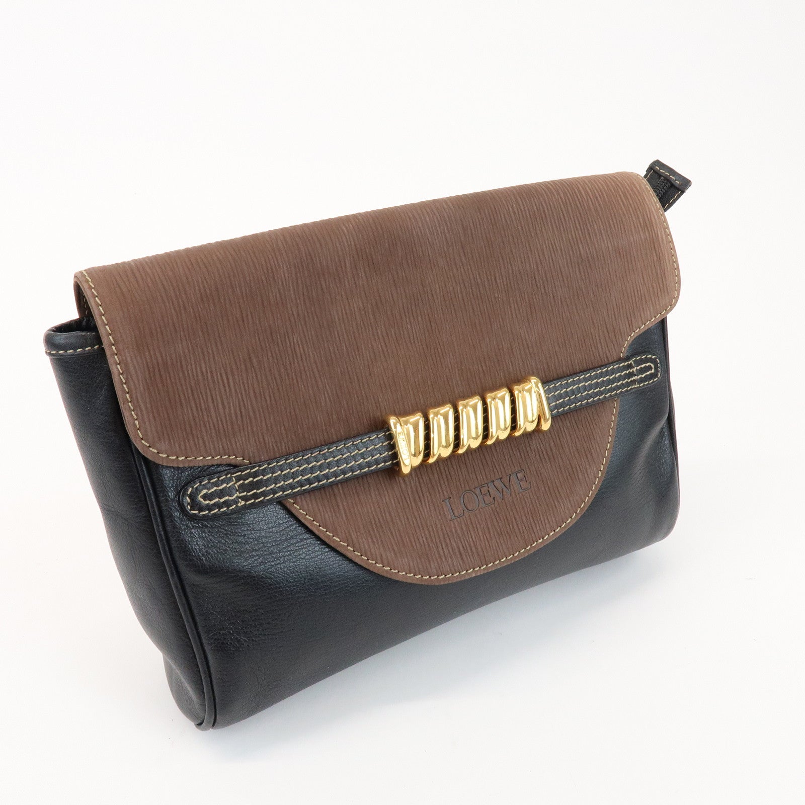 LOEWE Velazquez Logo Leather Clutch Bag Black Brown