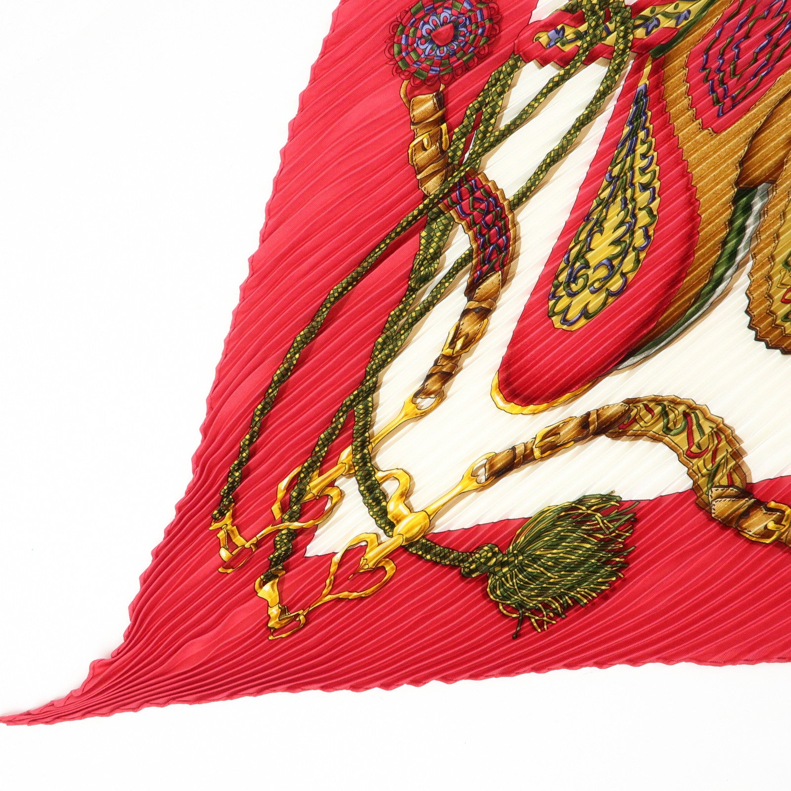 HERMES Pleated Carre 90 Silk 100% Scarf Festival Red