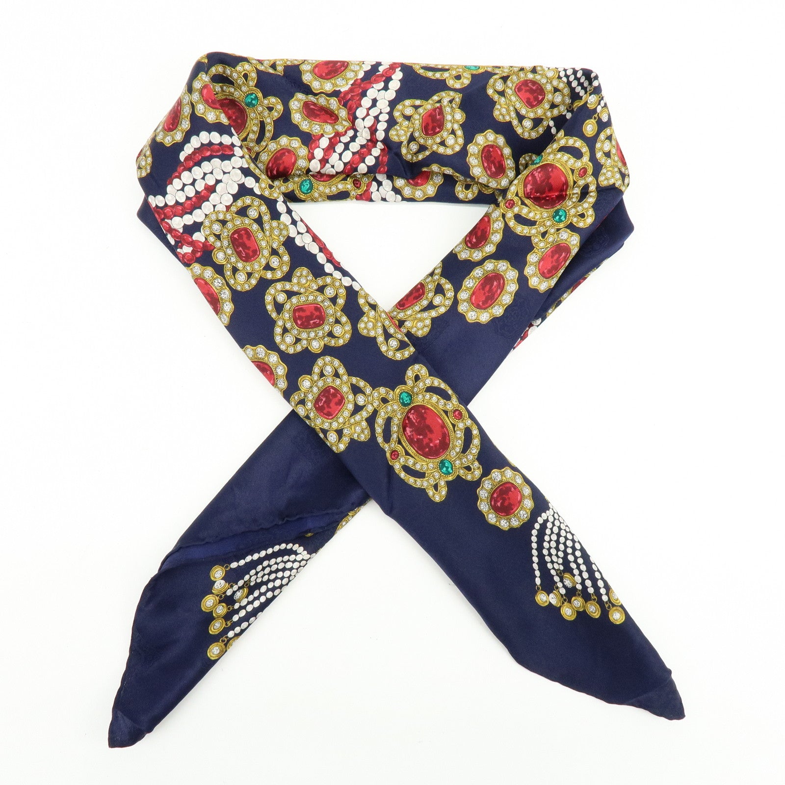 CHANEL Silk 100% Scarf Jewelry Motif Dark Navy Multicolor