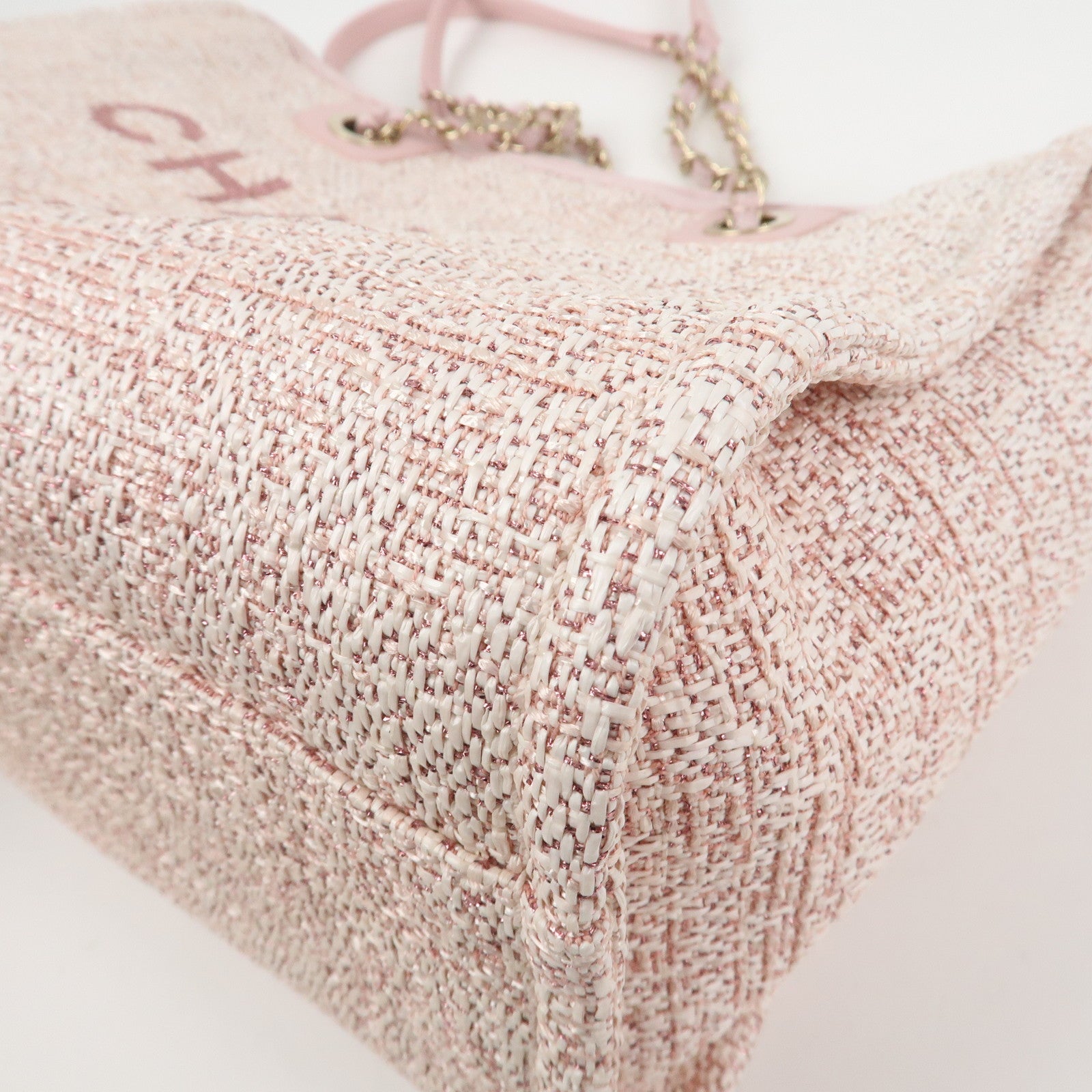 CHANEL Tweed Leather Deauville MM Shoulder Bag Tote Bag Pink