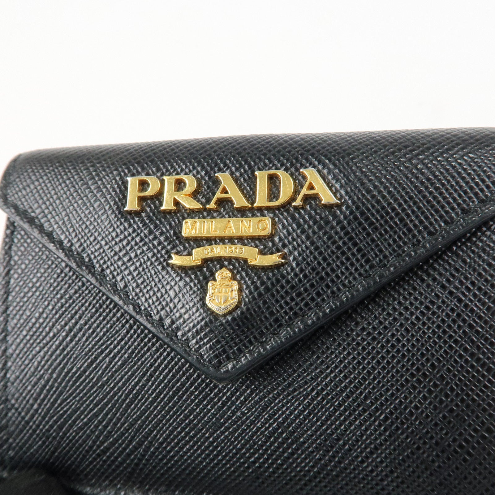 PRADA Saffiano Leather Tri-fold Wallet Black Gold Hardware 1MH021 Used