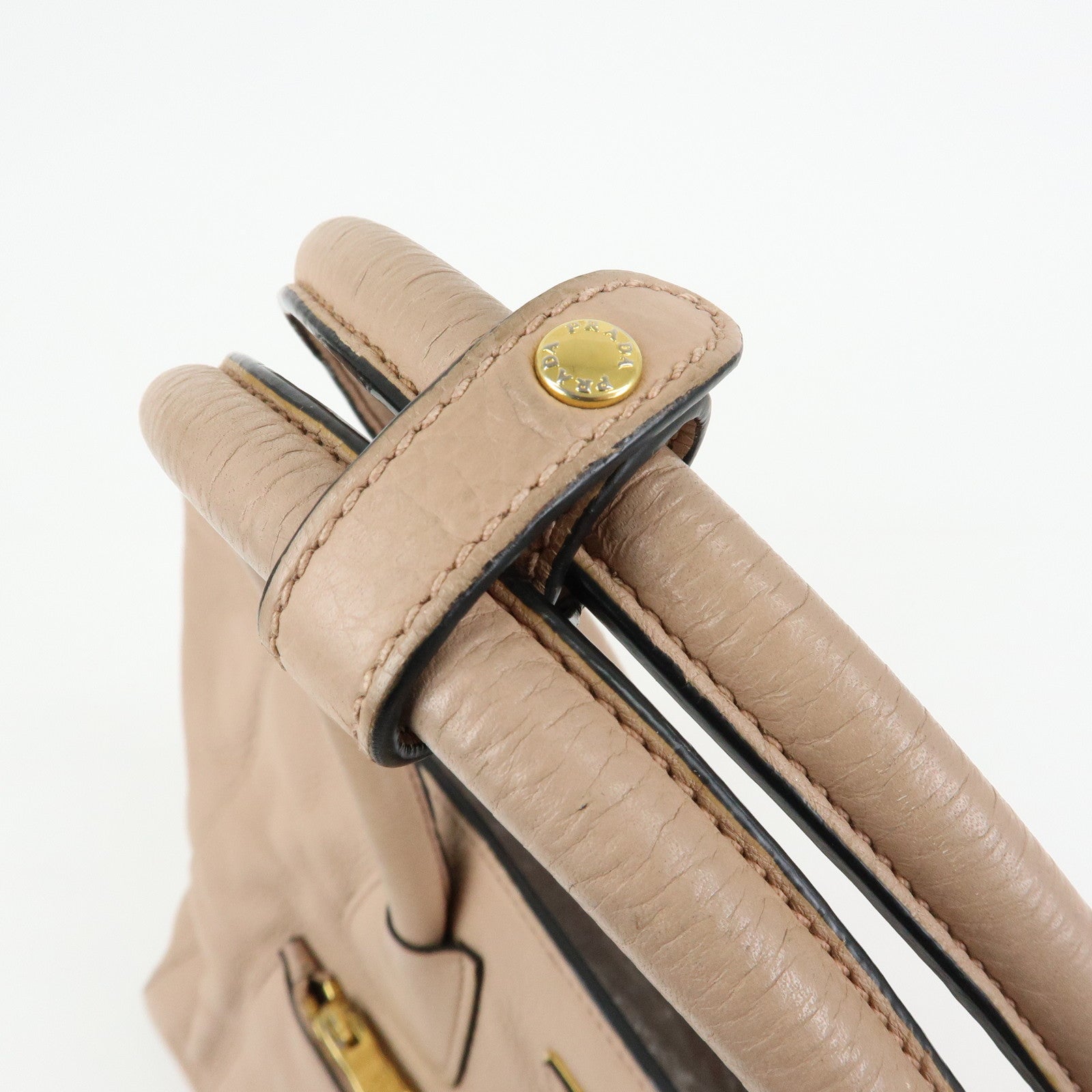 PRADA Triangle Logo Leather Tote Bag Shoulder Bag Pink Beige