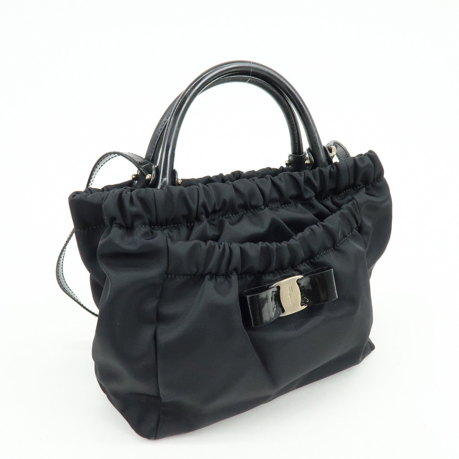 Ferragamo Vara Ribbon Nylon Patent Leather 2Way Bag Hand Bag Black