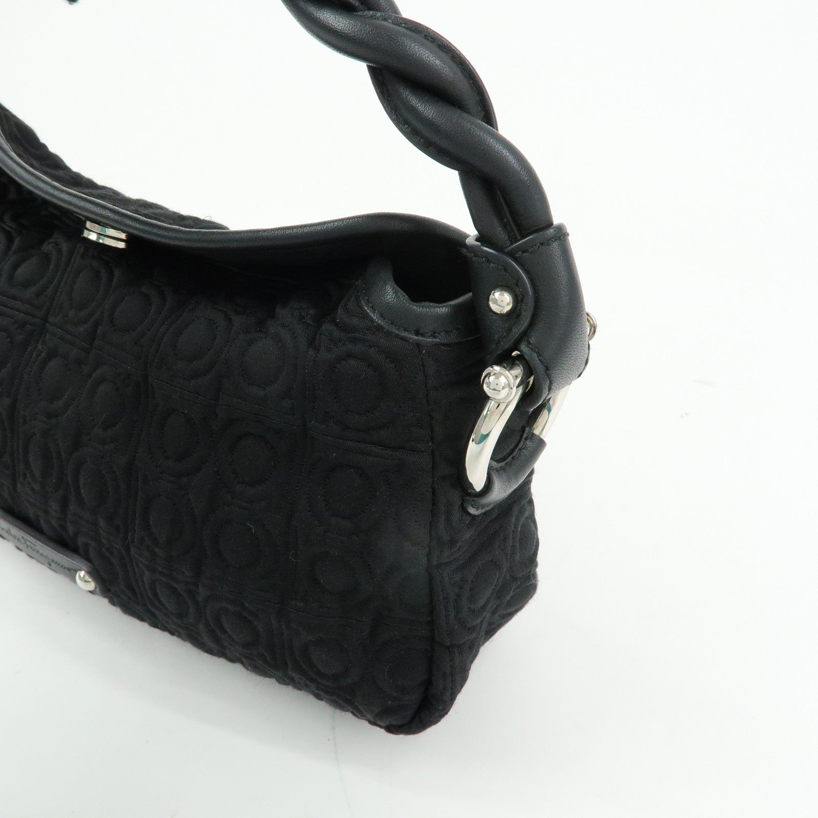 Ferragamo Gancini Canvas Leather Mini Hand Bag Black