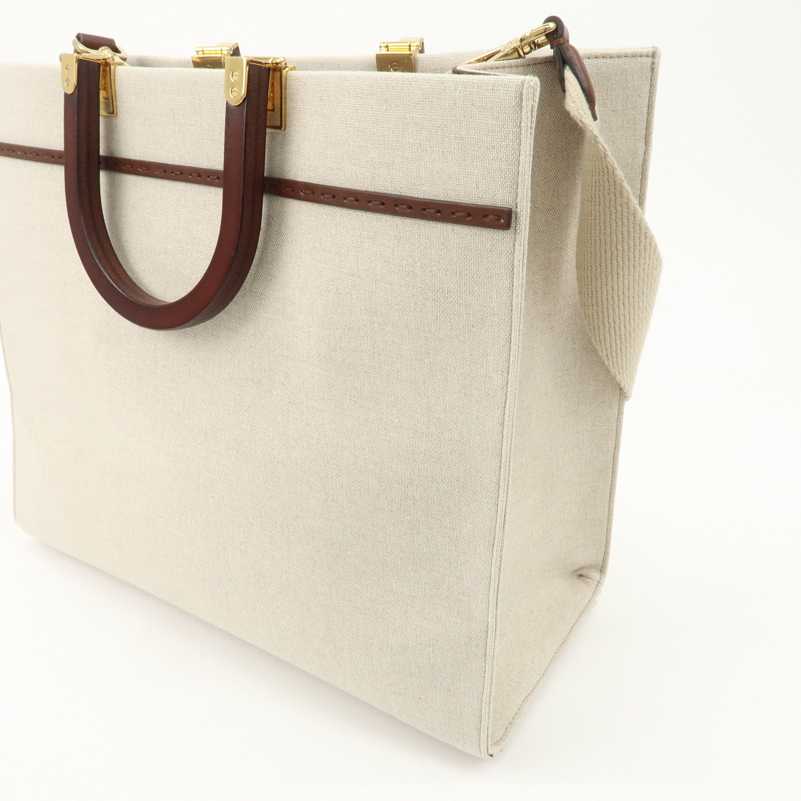 FENDI Leather Canvas Sunshine Medium Tote Bag Natural 8BH386