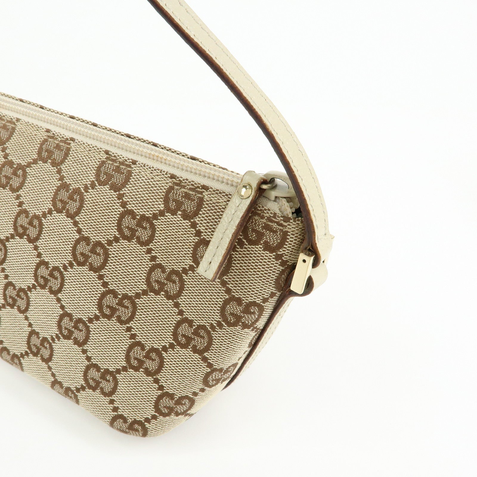 GUCCI Boat Bag GG Canvas Leather Hand Bag Pouch Brown Ivory 07198