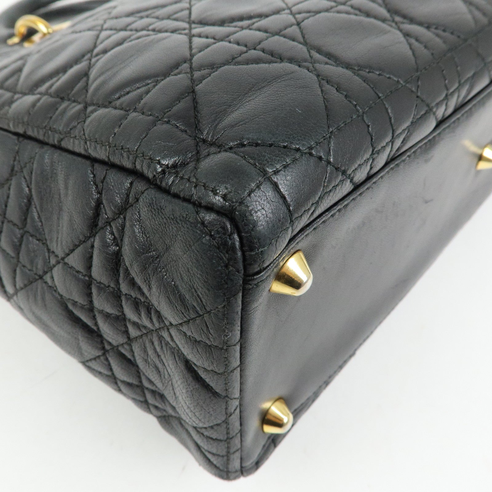 Christian Dior Canage Lady Dior Lamb Skin Hand Bag Black