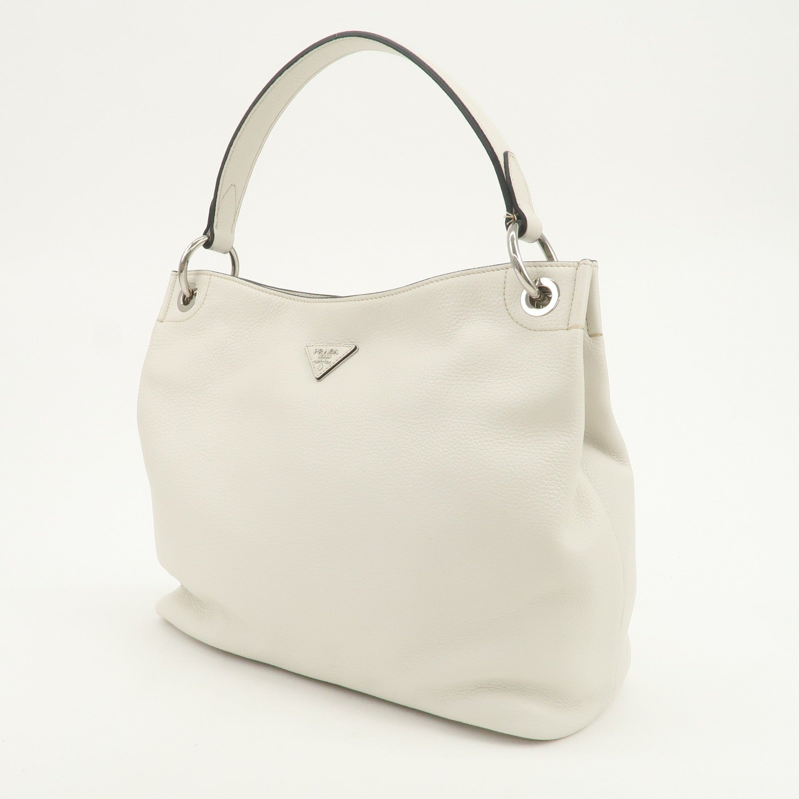 PRADA Triangle Logo Leather Shoulder Bag White BR5124
