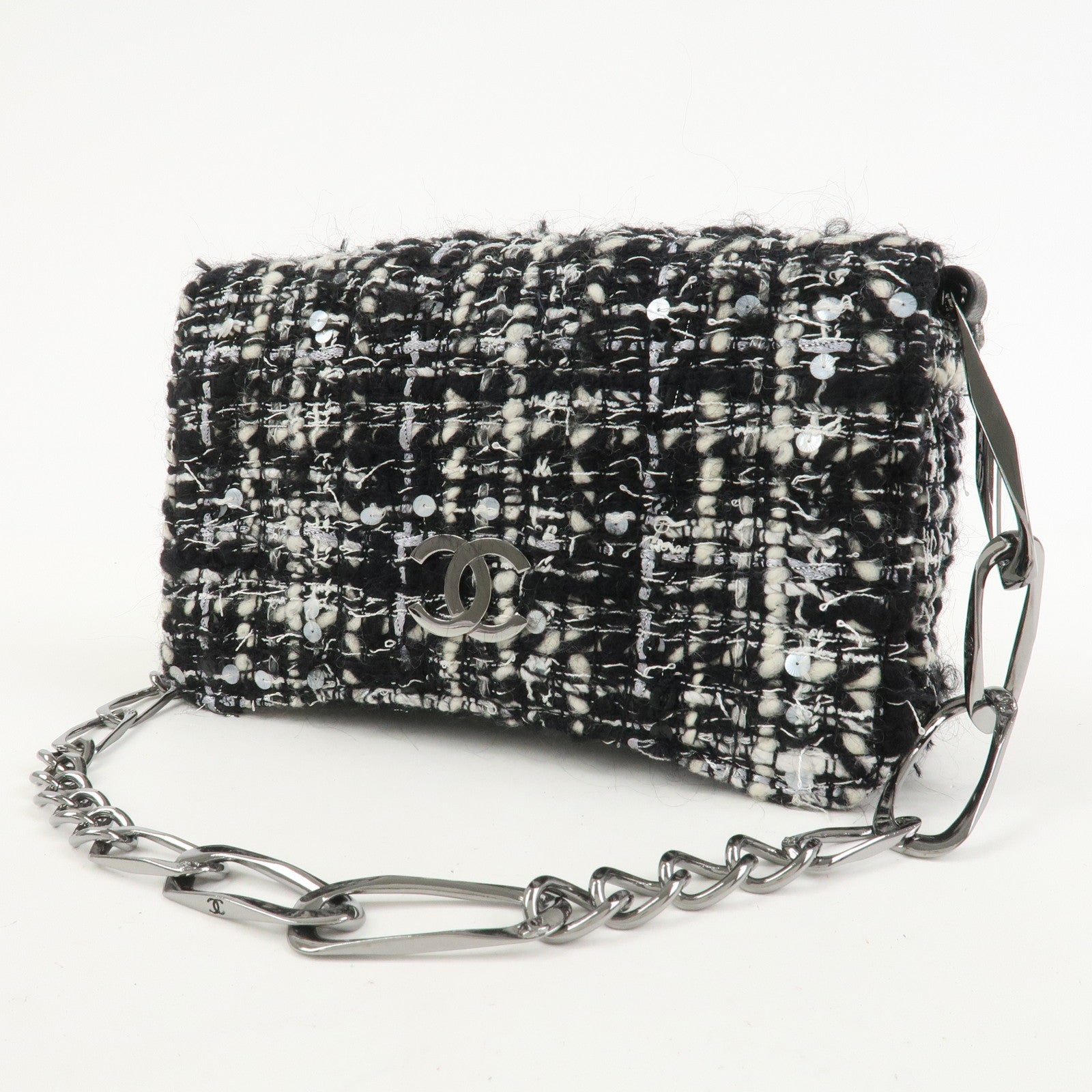 CHANEL Tweed Chain Shoulder Bag Hand Bag Black White 8645695