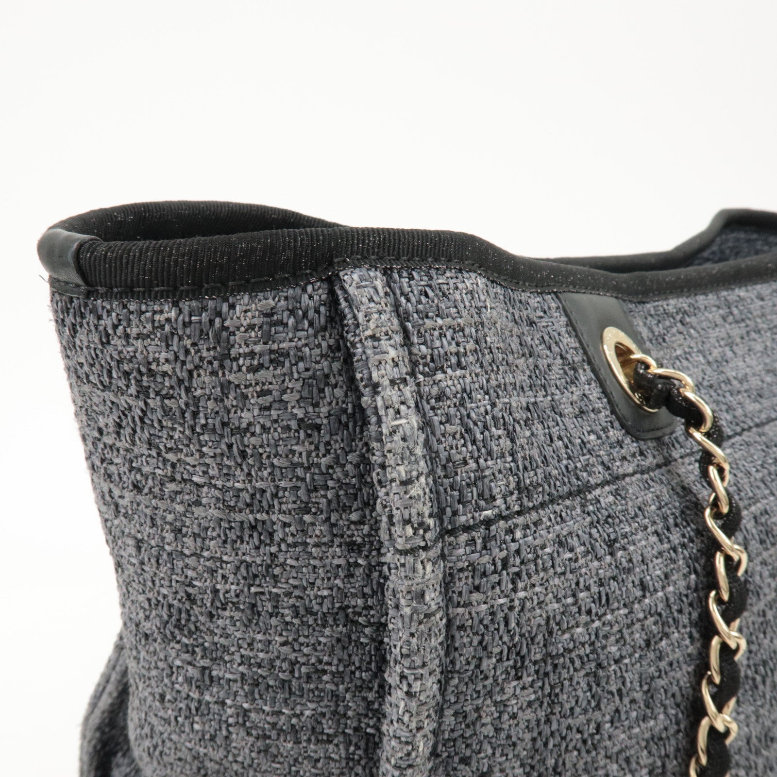 CHANEL Deauville Raffia Leather Chain Tote Bag MM Navy A66941 Used