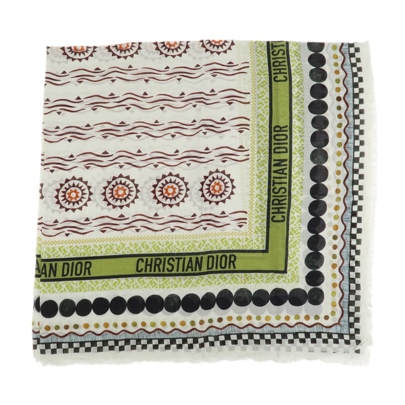 Christian Dior Logo Cotton 100% Scarf Geometric Motif Ivory Green