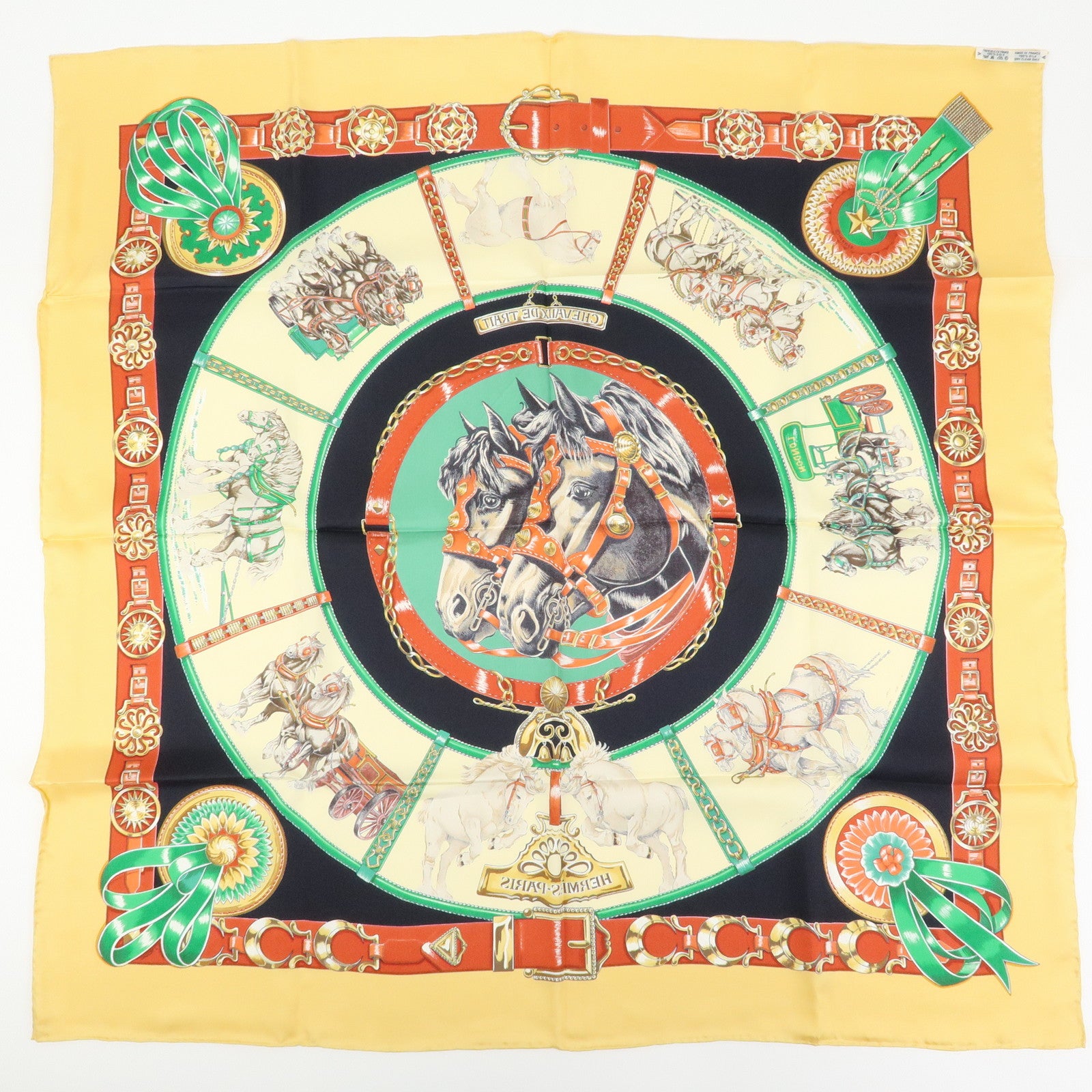 HERMES Carre 90 Silk 100% Scarf CHEVAUX DE TRAIT Black Beige