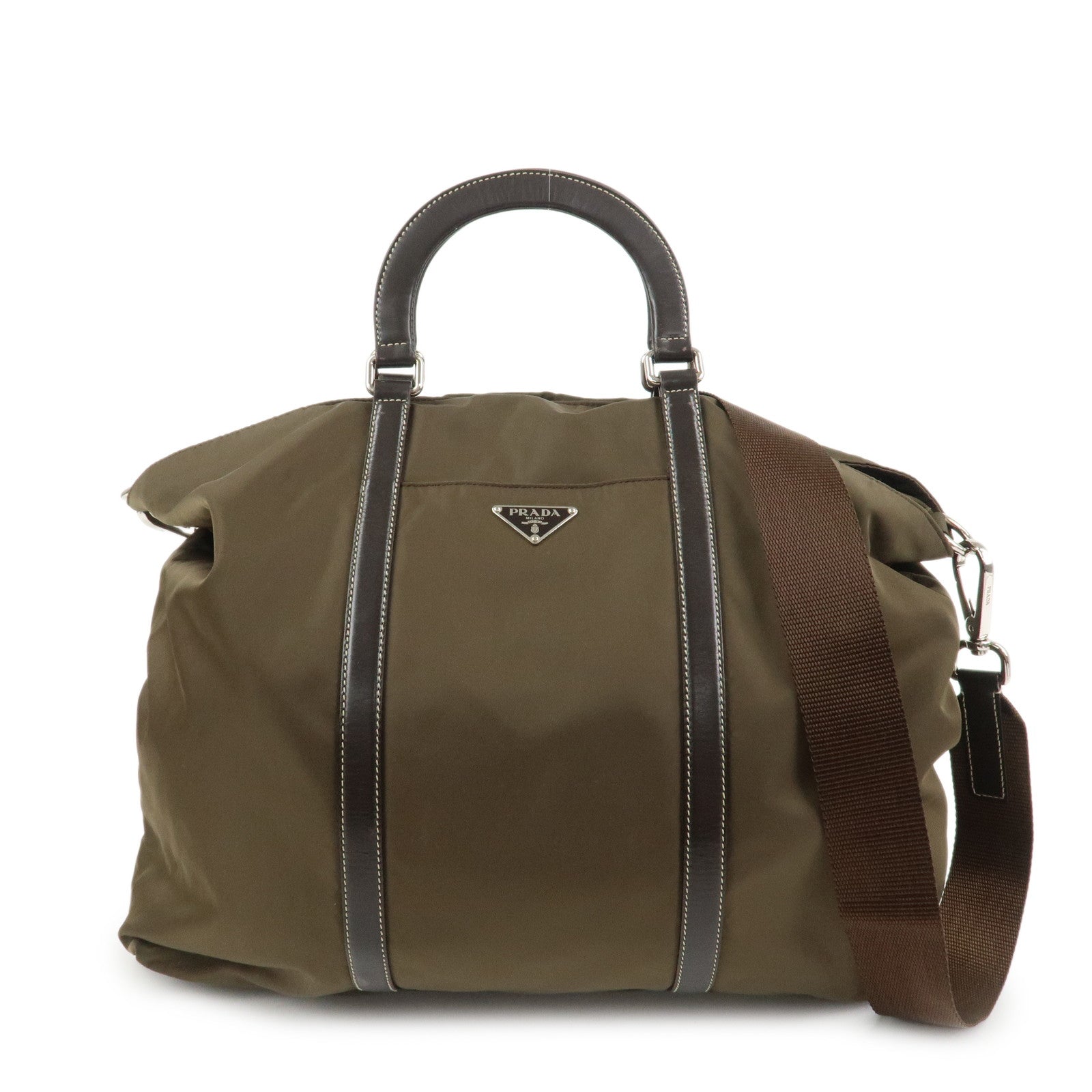 PRADA Triangle Logo Nylon Leather 2Way Hand Bag Shoulder Bag Khaki