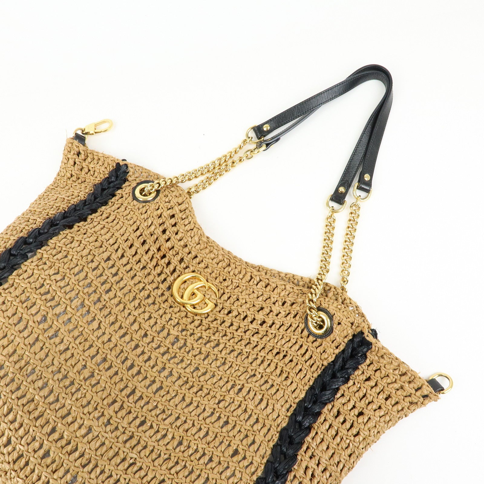 GUCCI GG Straw Leather Tote Bag Shoulder Bag Natural Black 574431