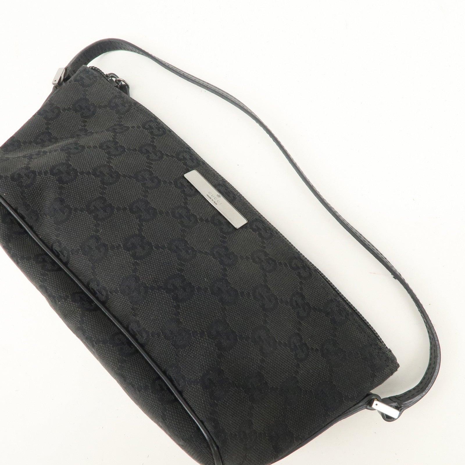 GUCCI Boat Bag GG Canvas Leather Hand Bag Pouch Black 07198