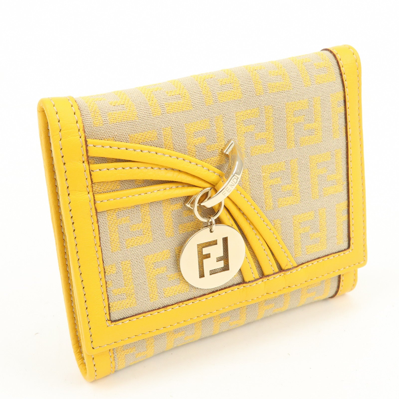 FENDI Zucchino Canvas Leather Tri-fold Compact Wallet Yellow 8M0177