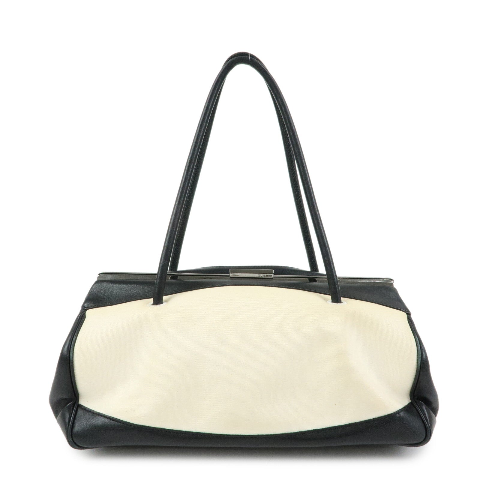 GUCCI Canvas Leather Hand Bag Ivory Black 92726