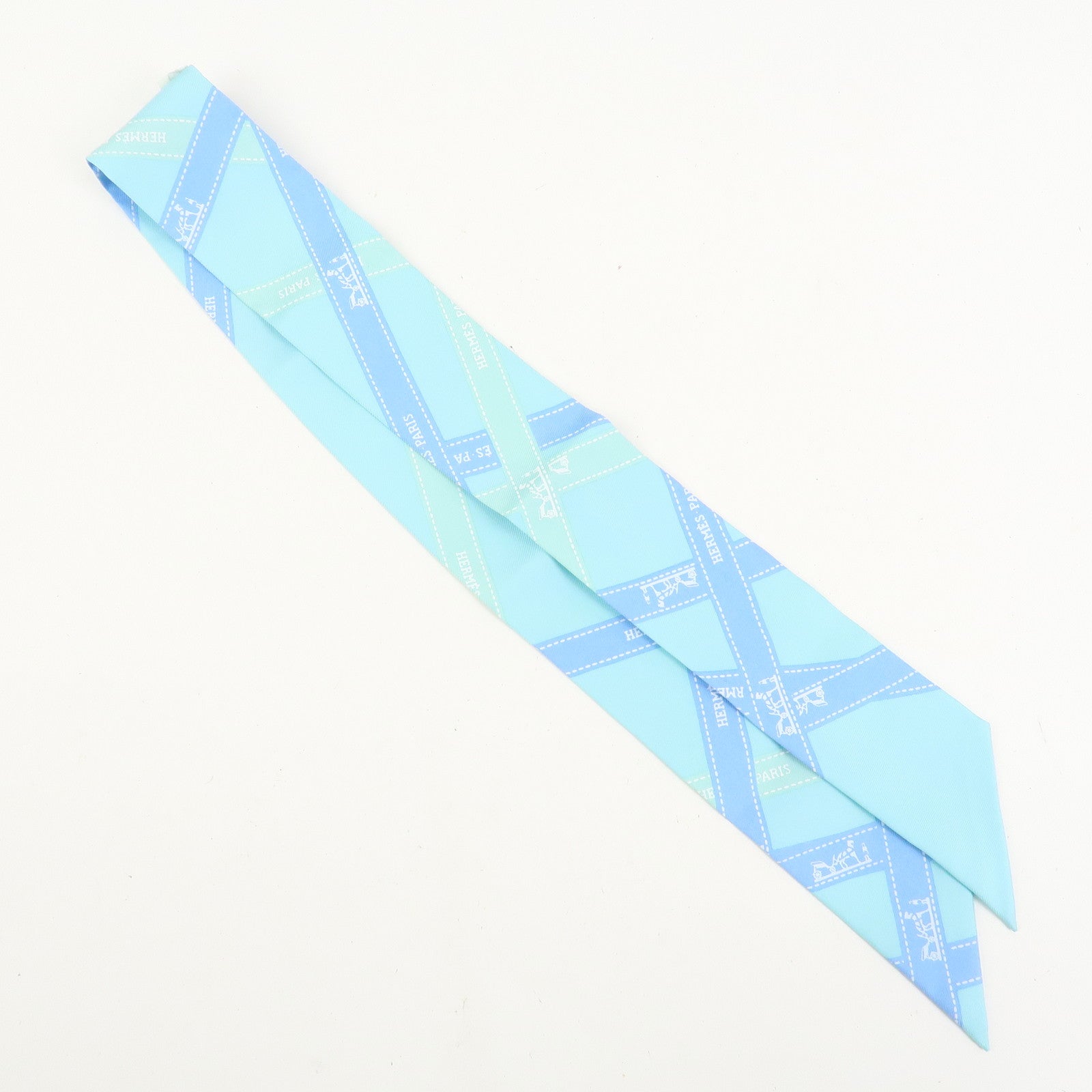HERMES Twilly Silk 100% Scarf Bolduc Pattern Light Blue