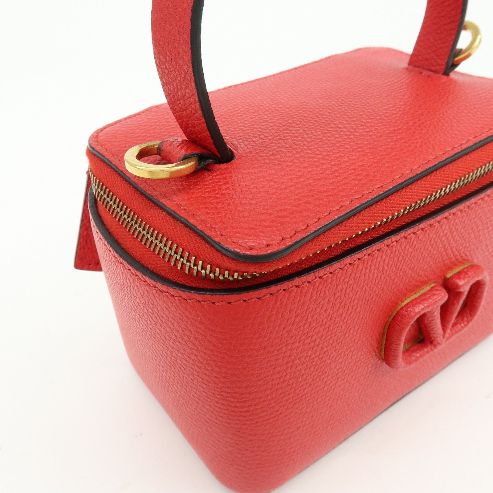 VALENTINO V Logo Leather 2Way Mini Hand Bag Chain Vanity Bag Red