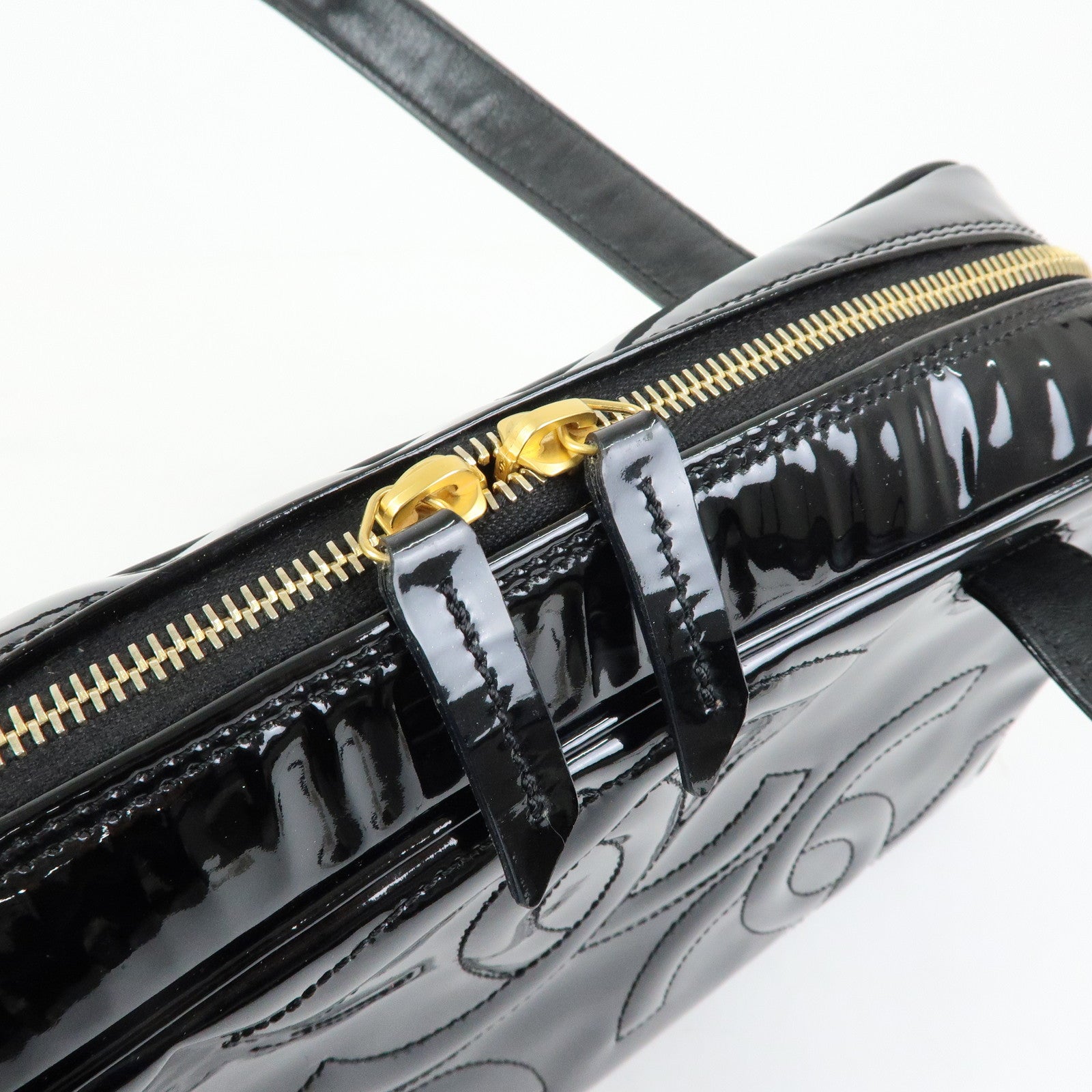 CHANEL Triple COCO Mark Patent Leather Tote Bag Hand Bag Black