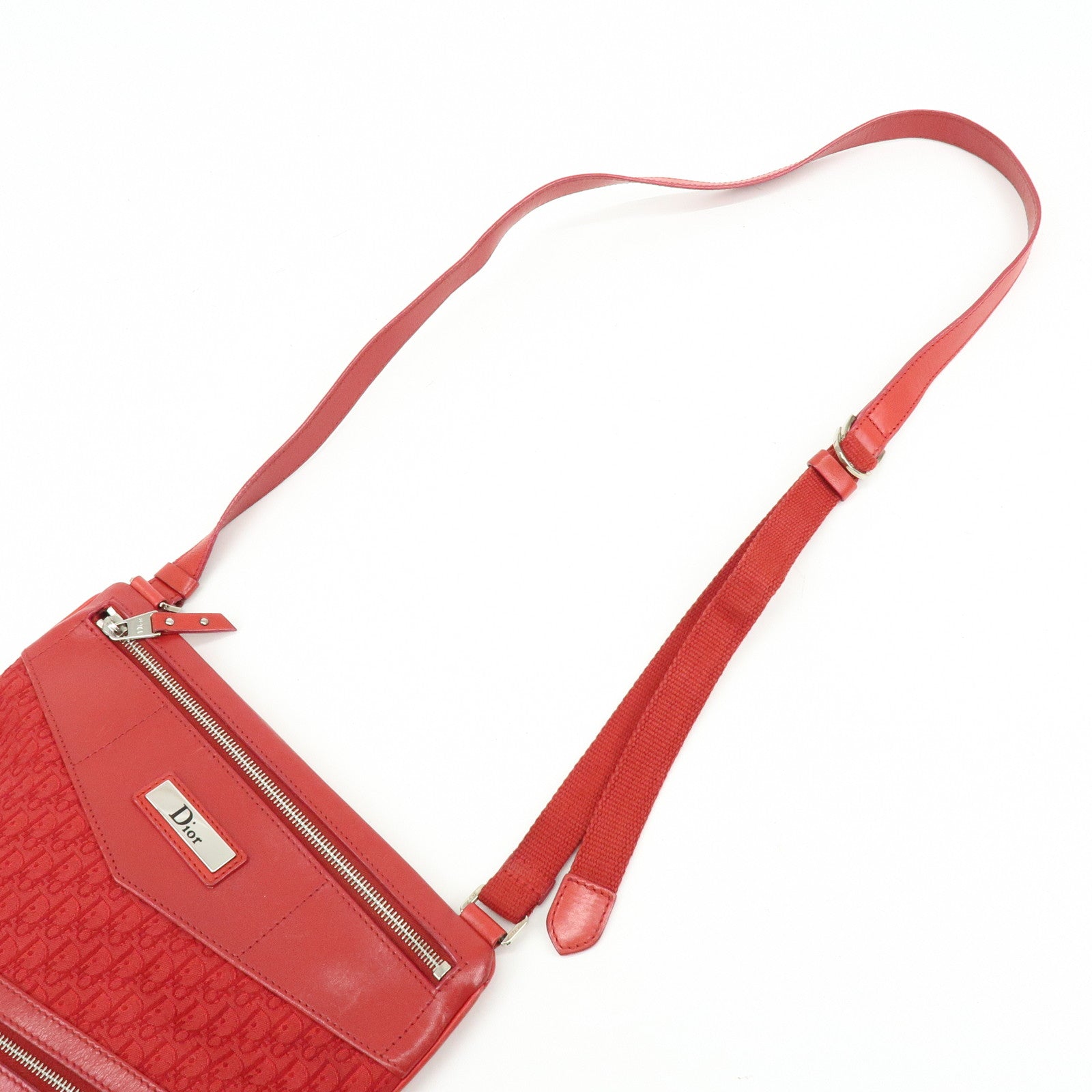 Christian Dior Trotter Jacguard Canvas Leather Shoulder Bag Red