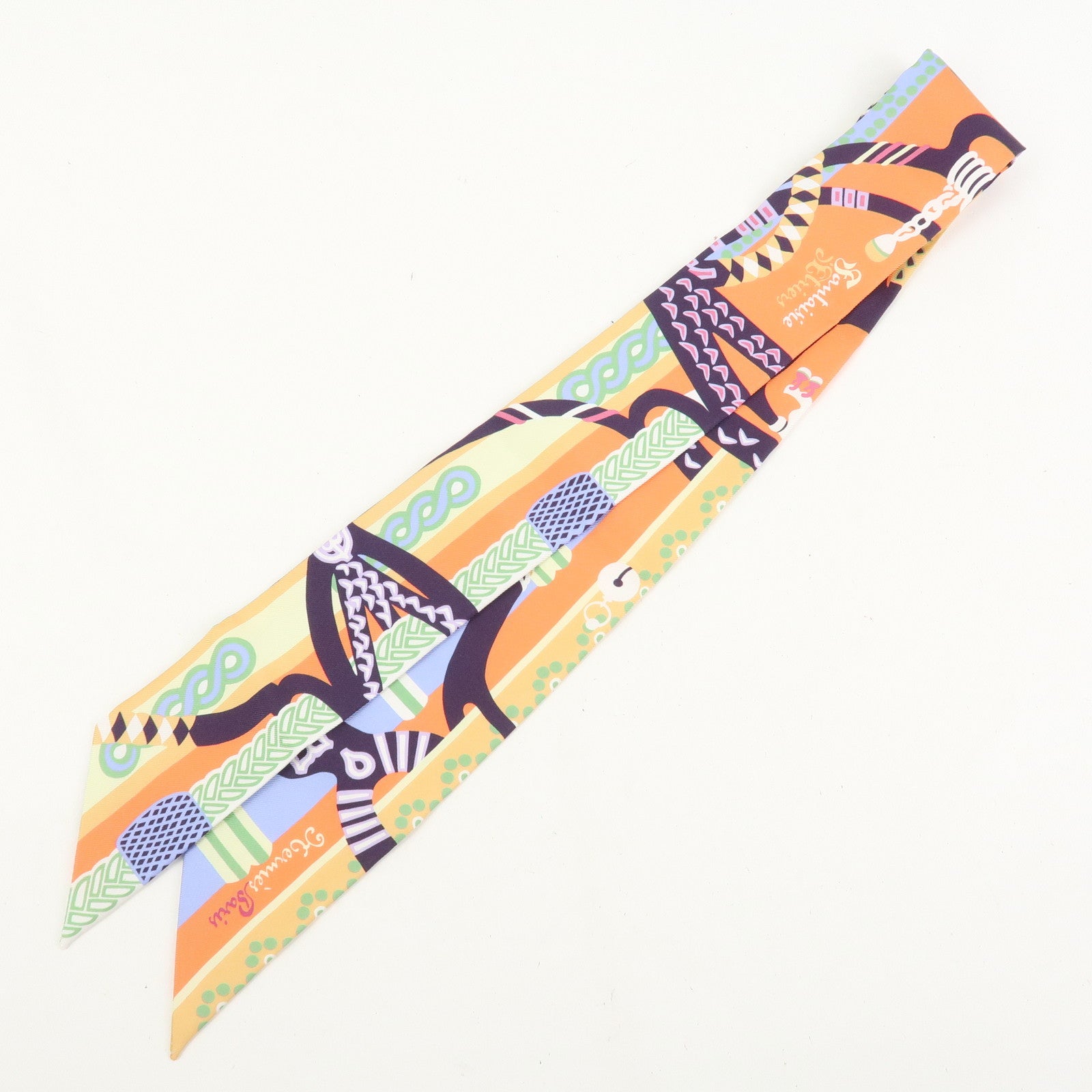 HERMES Twilly Silk 100% Scarf Fantaisie d'Etriers Orange Blue