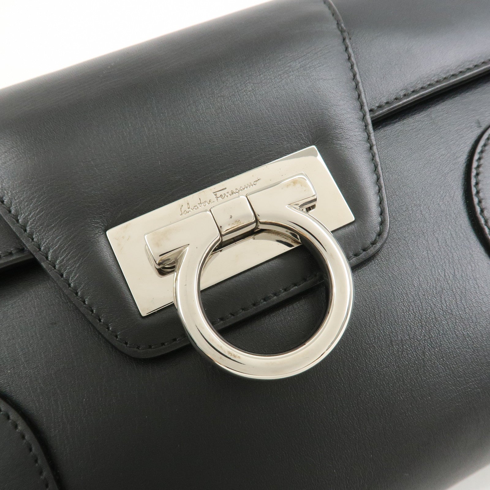 Ferragamo Gancini Leather 2Way Bag Hand Bag Shoulder Bag Black