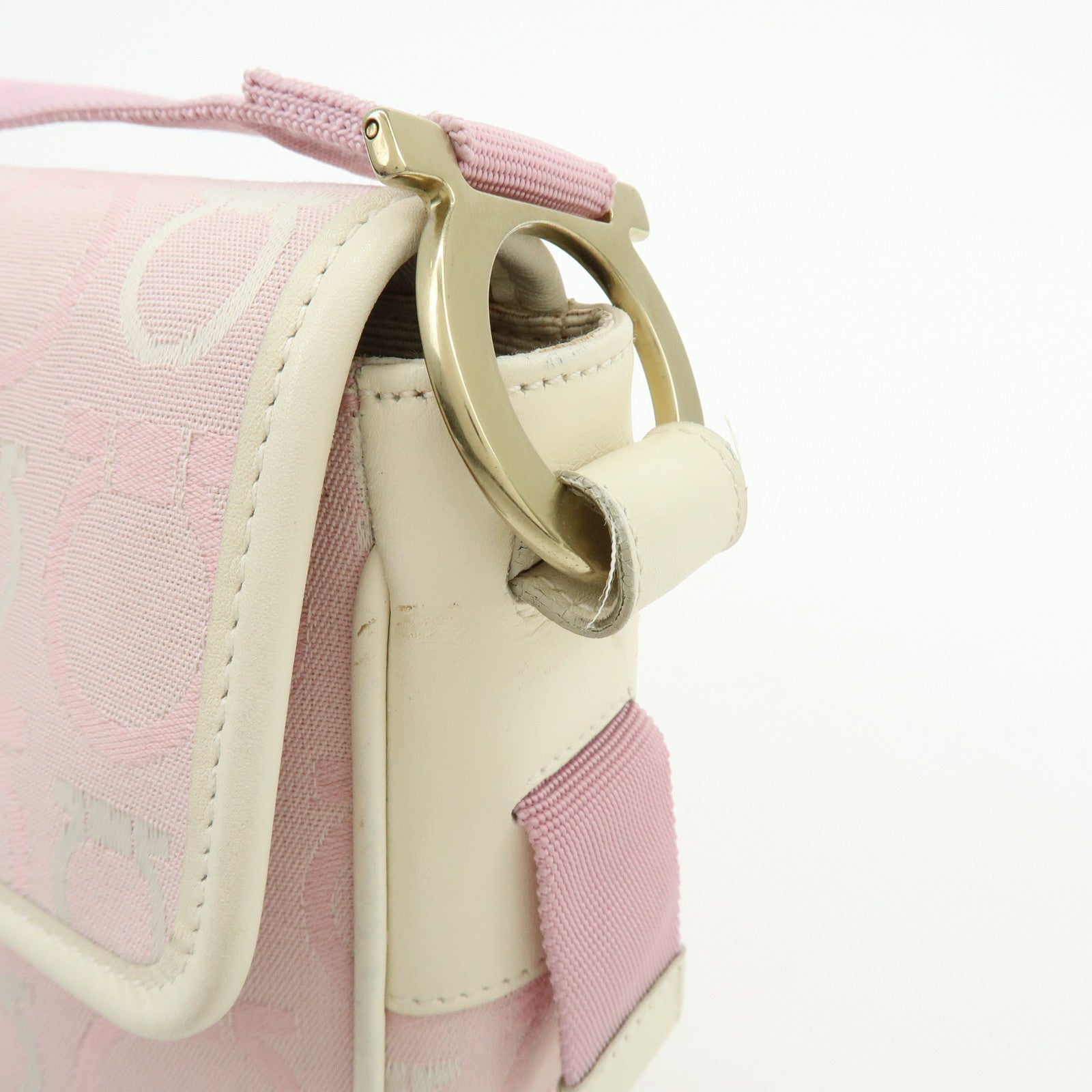 Ferragamo Gancini Canvas Leather Shoulder Bag Light Pink White