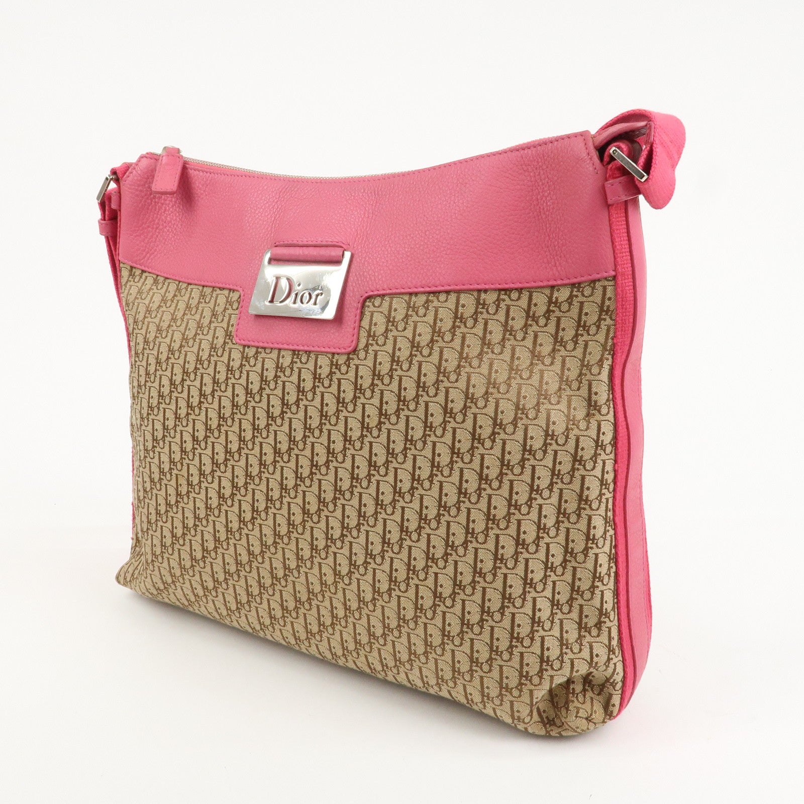 Christian Dior Trotter Canvas Leather Shoulder Bag Beige Pink