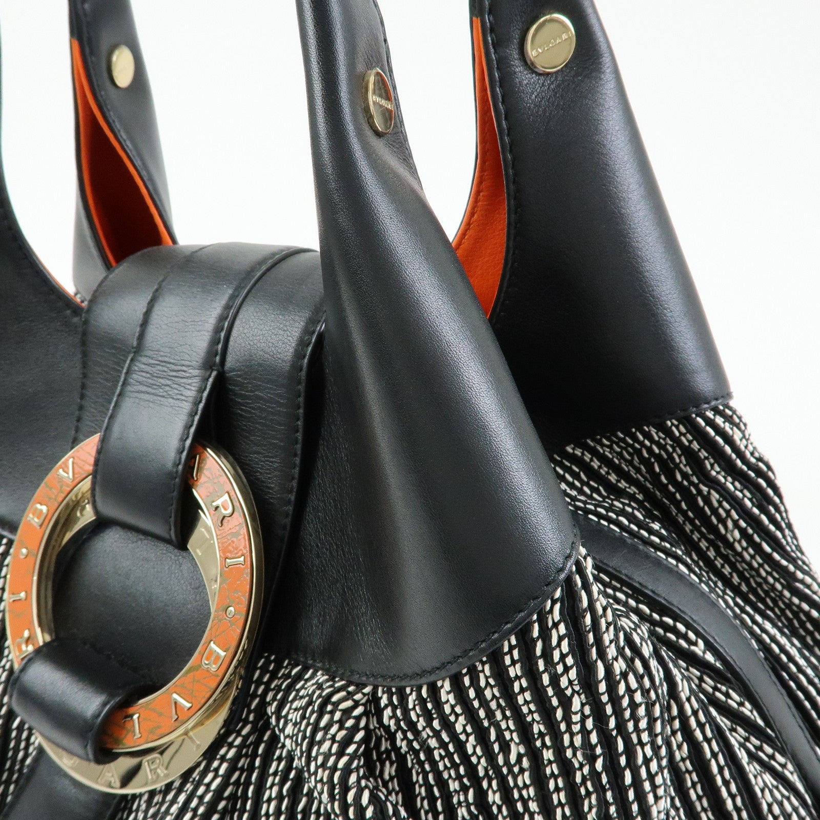 BVLGARI Chandra Leather Canvas Hand Bag Tote Bag Black Orange