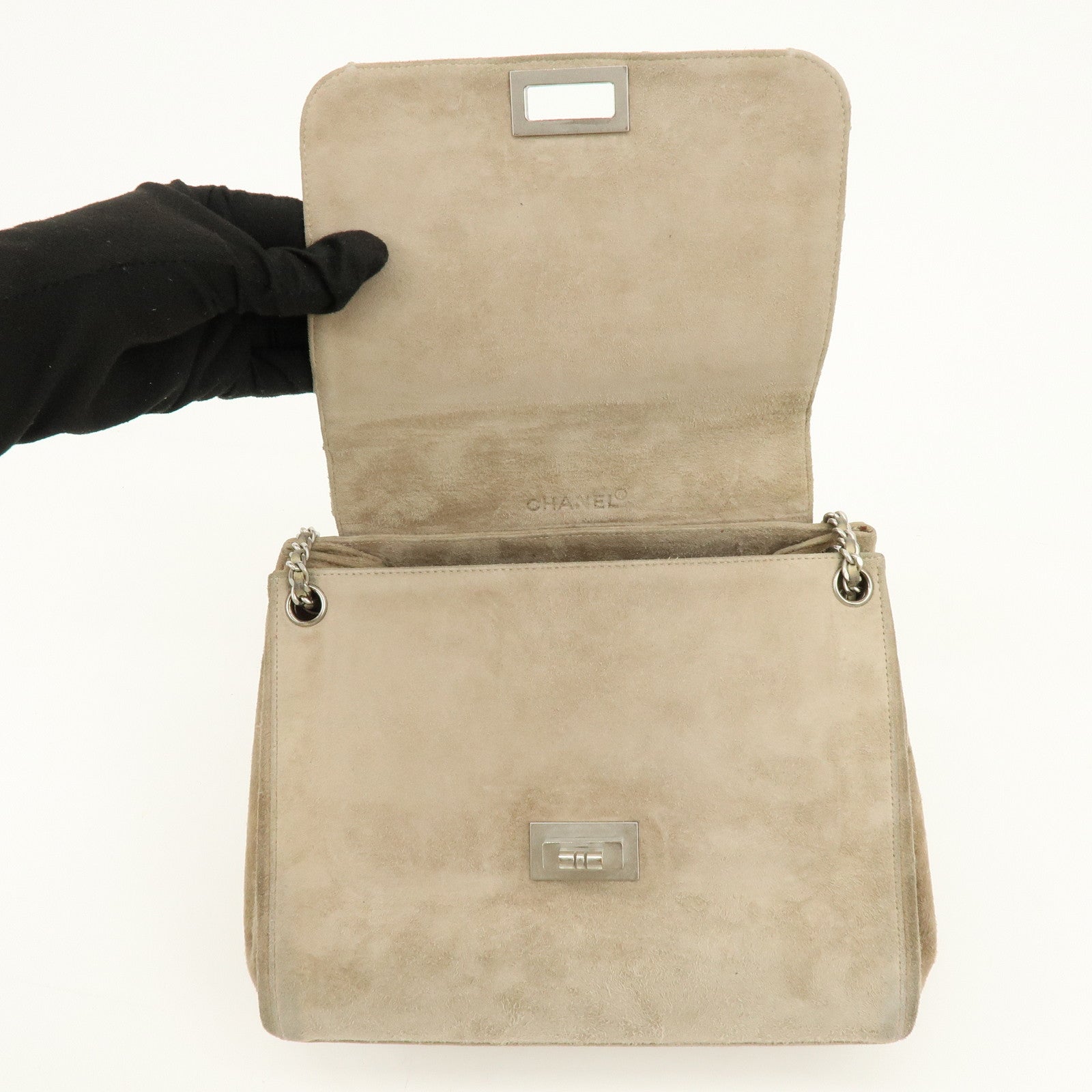 CHANEL Chocolate Bar Chanel 2.55 Suede Chain Shoulder Bag Beige