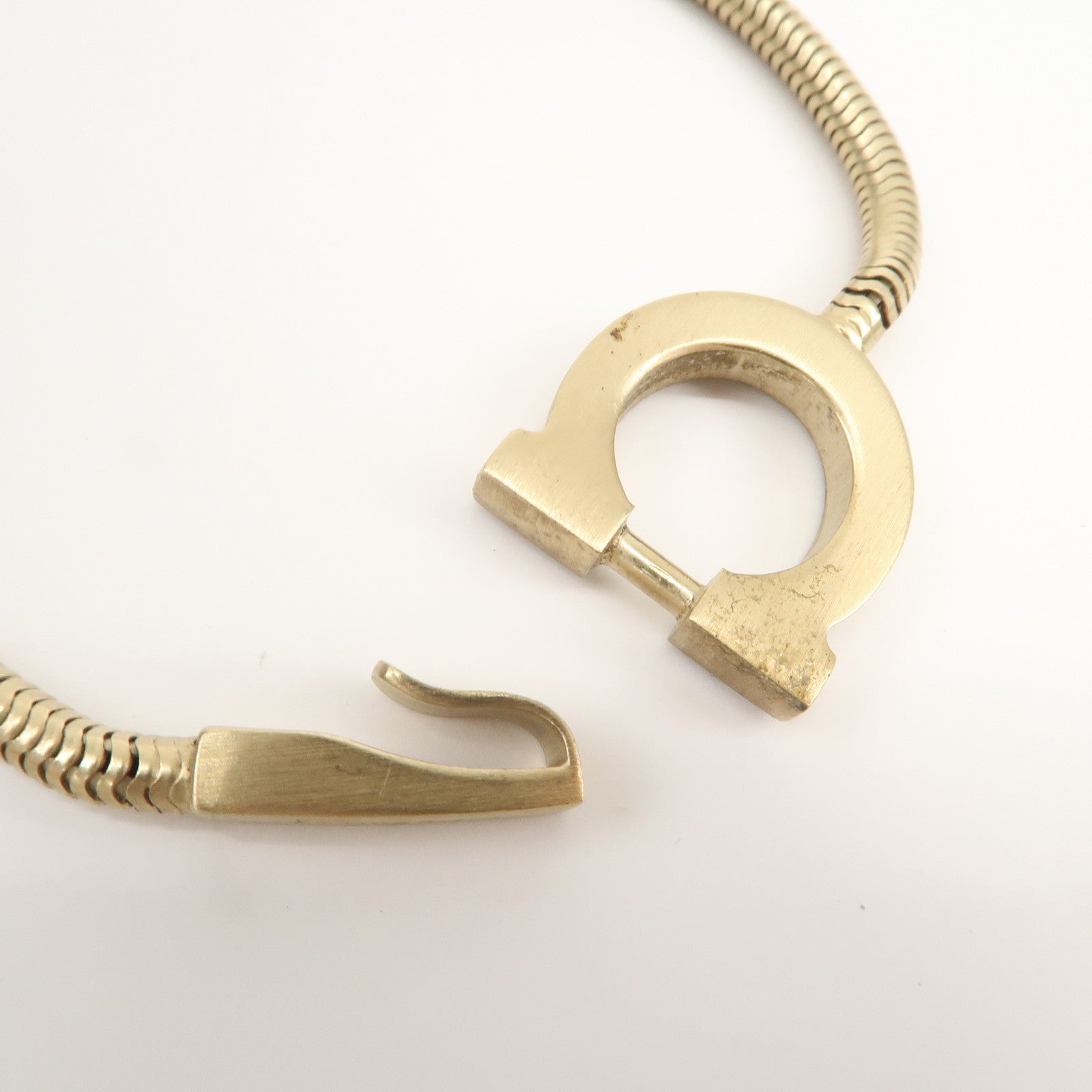 Ferragamo Gancini Logo Metal Rhinestone Necklace Choker Gold