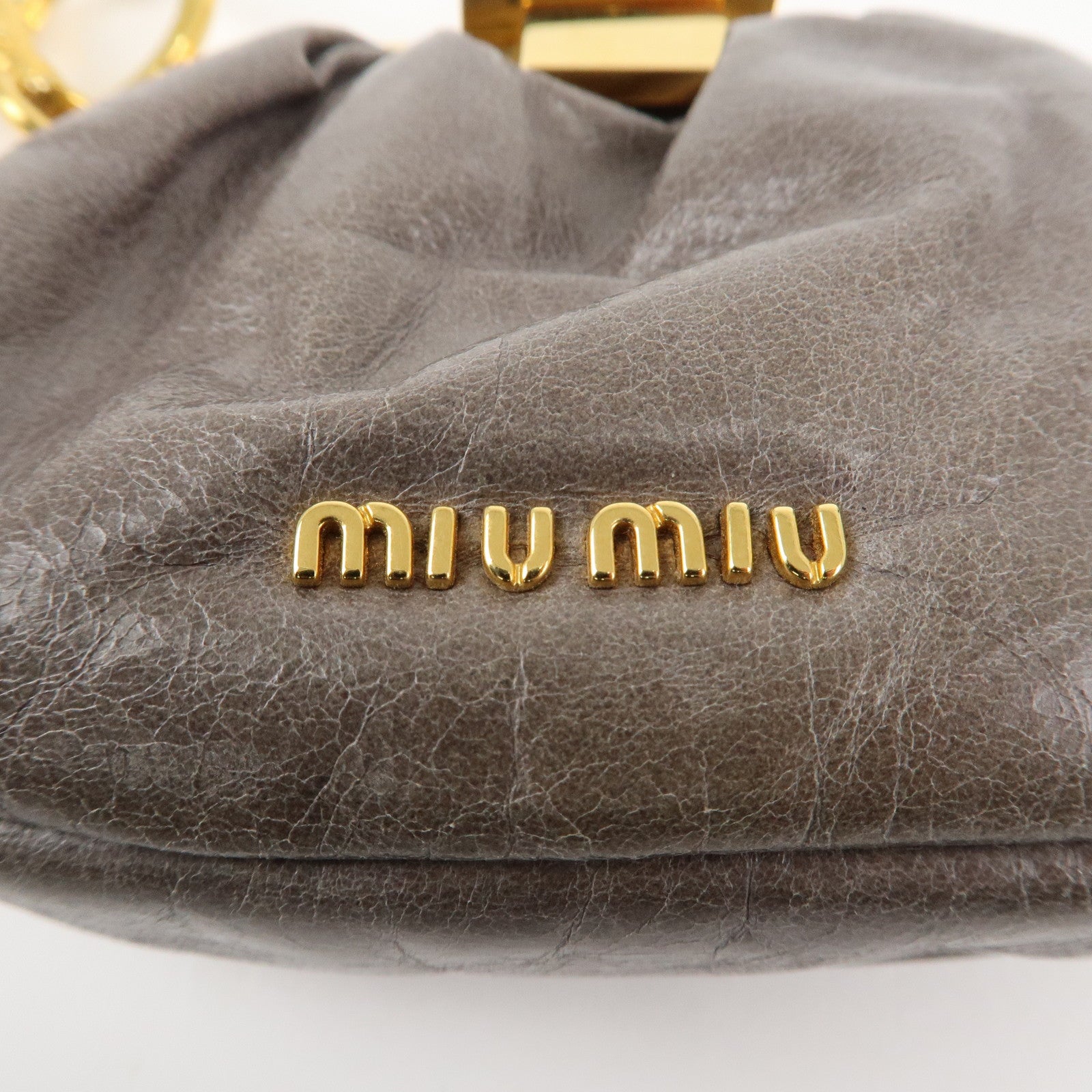 MIU MIU Logo Leather Kiss Lock Coin Case Gray Gold HDW Used