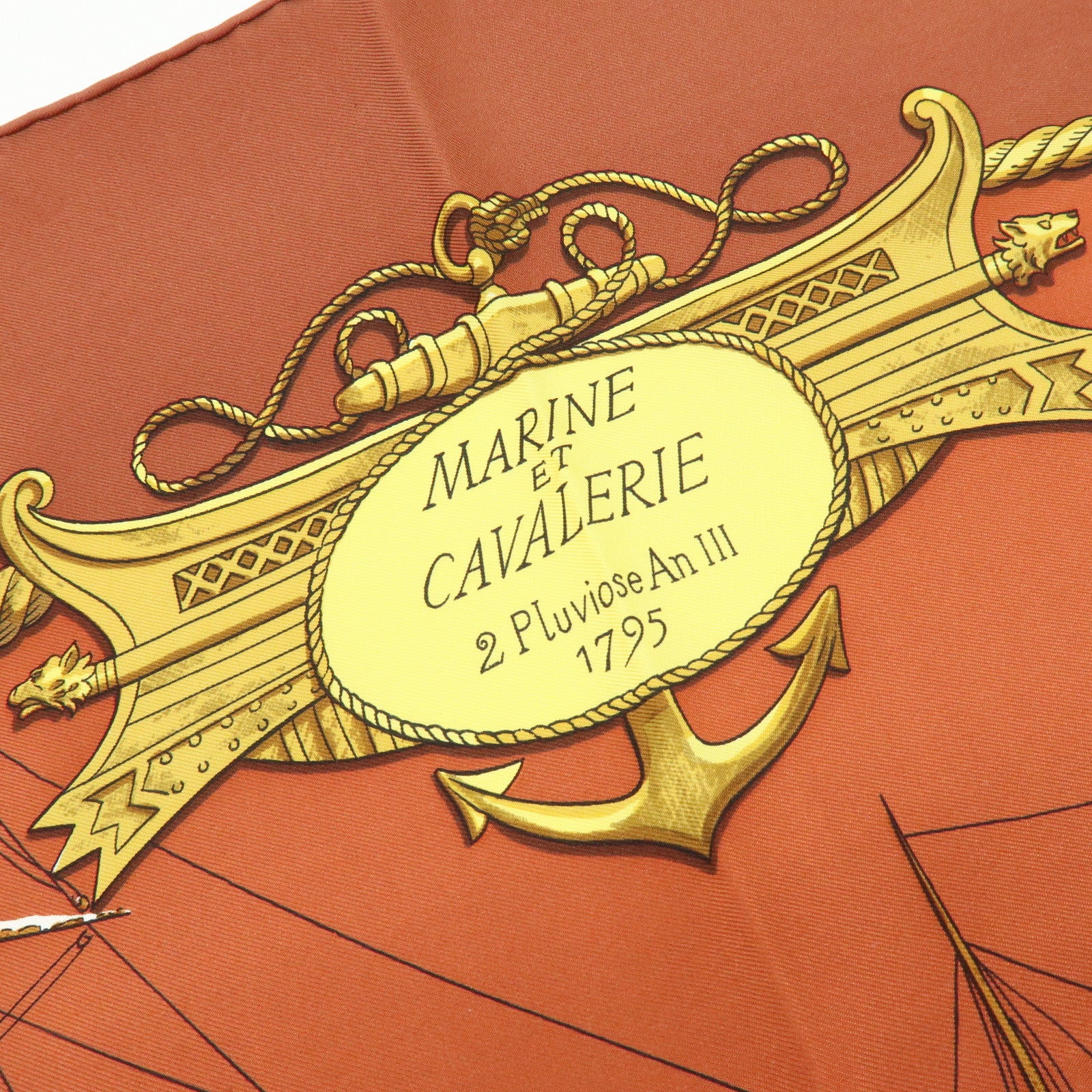 HERMES Carre 90 Silk 100% Scarf MARINE ET CAVALERIE Brown