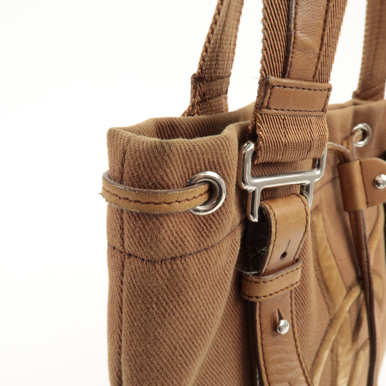 SAINT LAURENT Kahara Leather Canvas Velour Tote Bag Brown Used