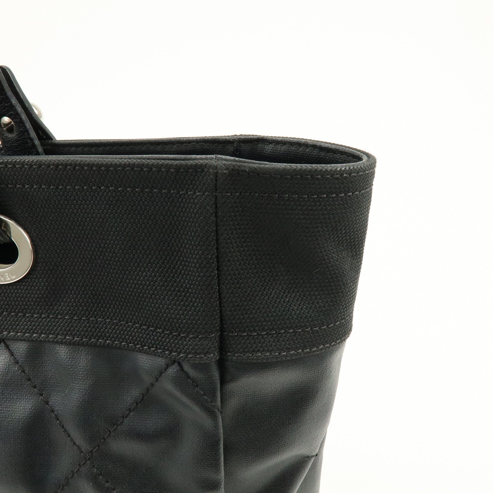 CHANEL PVC Canvas Leather Paris Biarritz MM Tote Hand Bag A34209