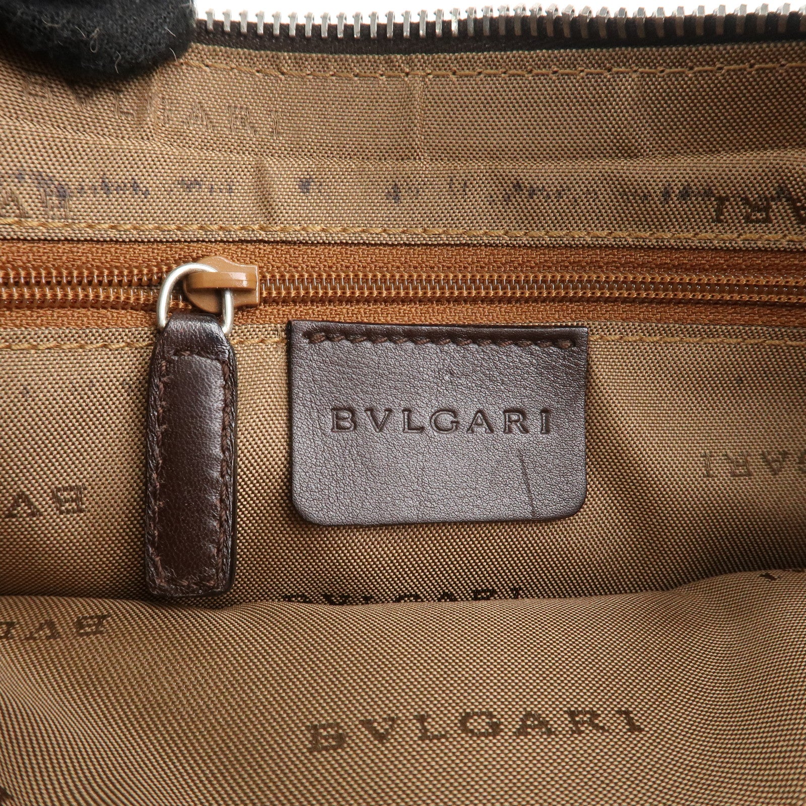 BVLGARI Logo Mania Canvas Leather Shoulder Bag khaki Dark Brown Used