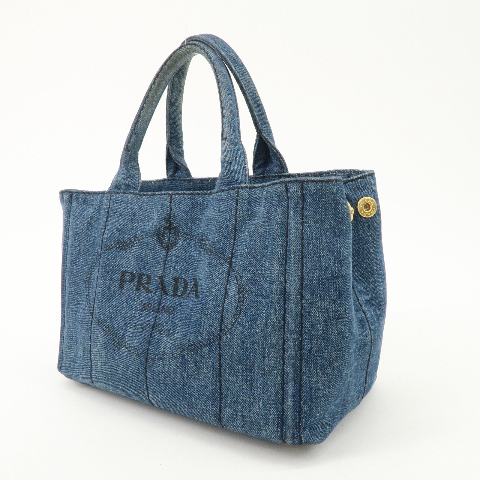 PRADA Canapa Mini Denim 2Way Hand Bag Tote Bag Navy 1BG439 Used