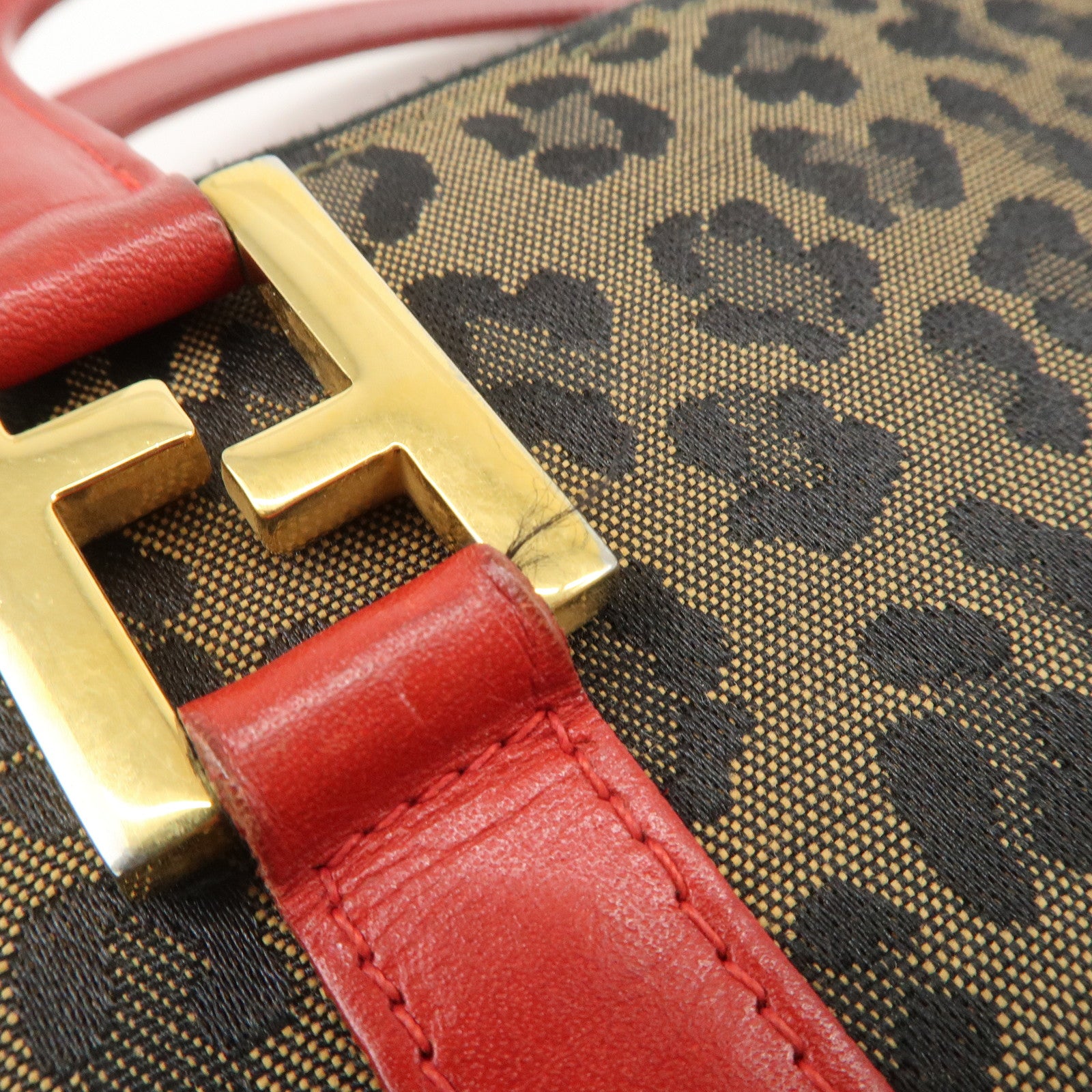 FENDI Logo Canvas Leather Hand Bag Leopard Red 26347