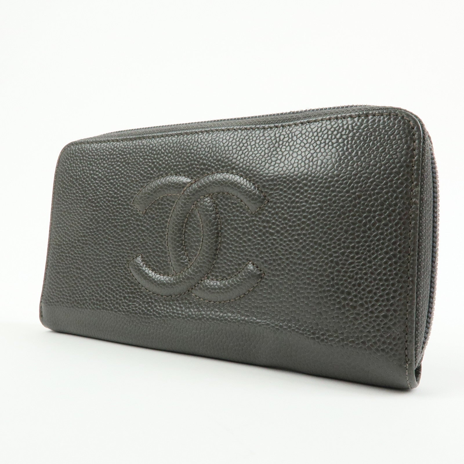 CHANEL COCO Mark Caviarskin Round Zippy Long Wallet Gray