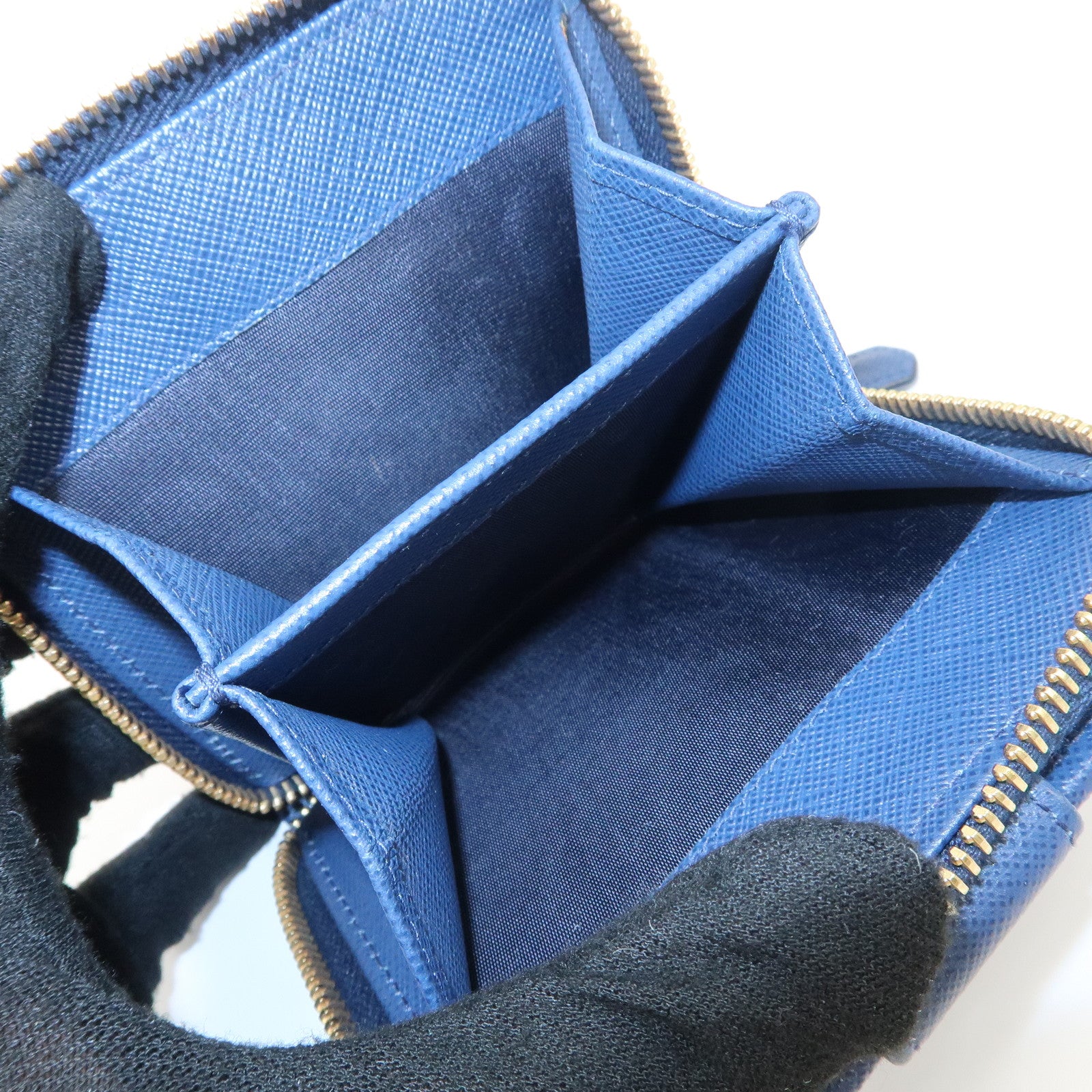 PRADA Logo Leather Round Zippy Bi-fold Wallet Blue 1ML522 Used