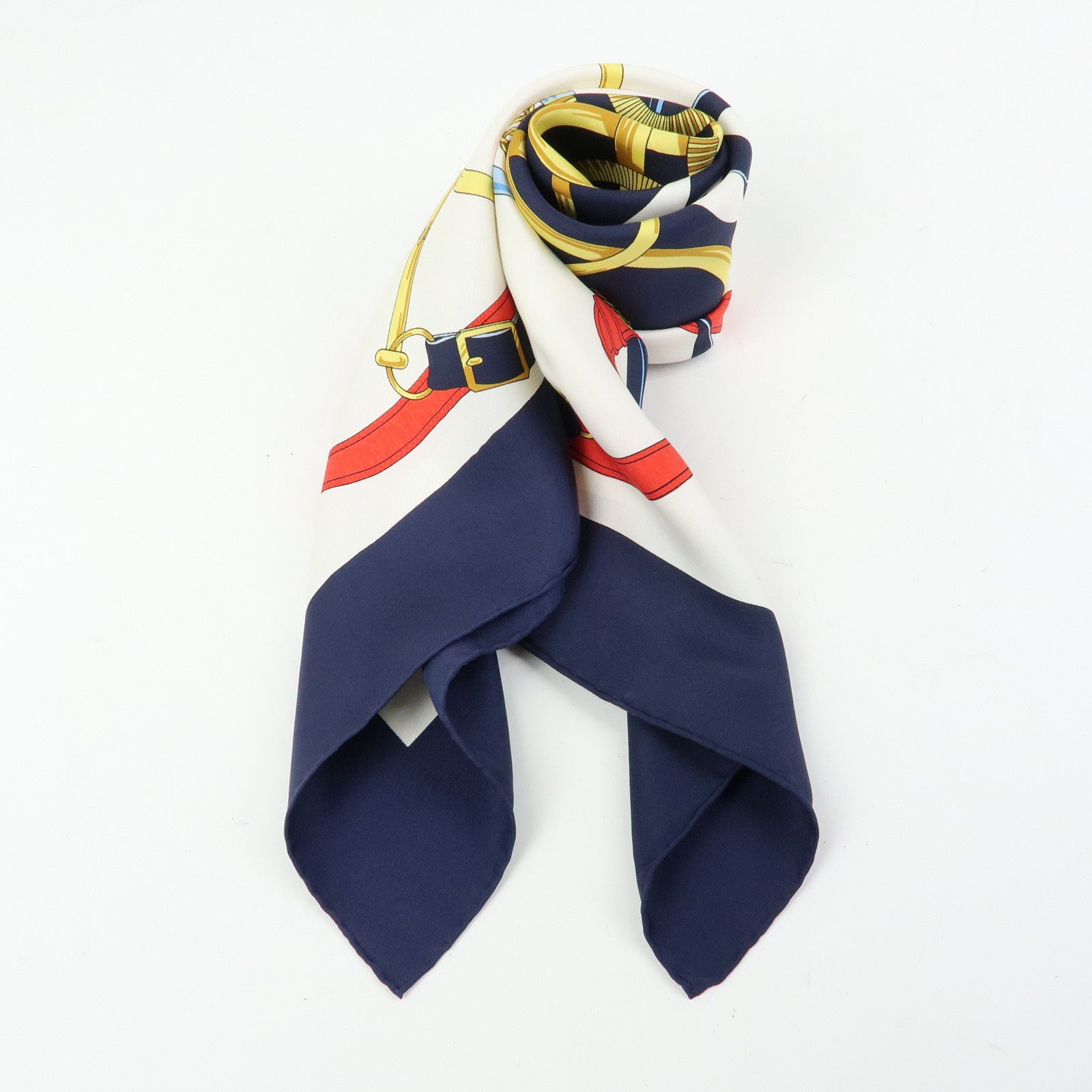HERMES Carre 90 Silk 100% Scarf Eperon d'or Navy Ivory Red Gold