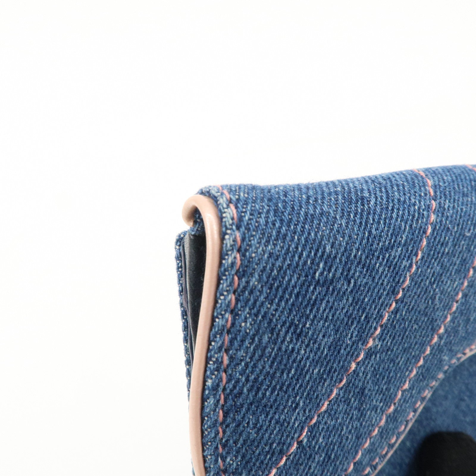 Christian Dior Saddle Lotus Wallet Denim Blue Pink Silver GDW Used