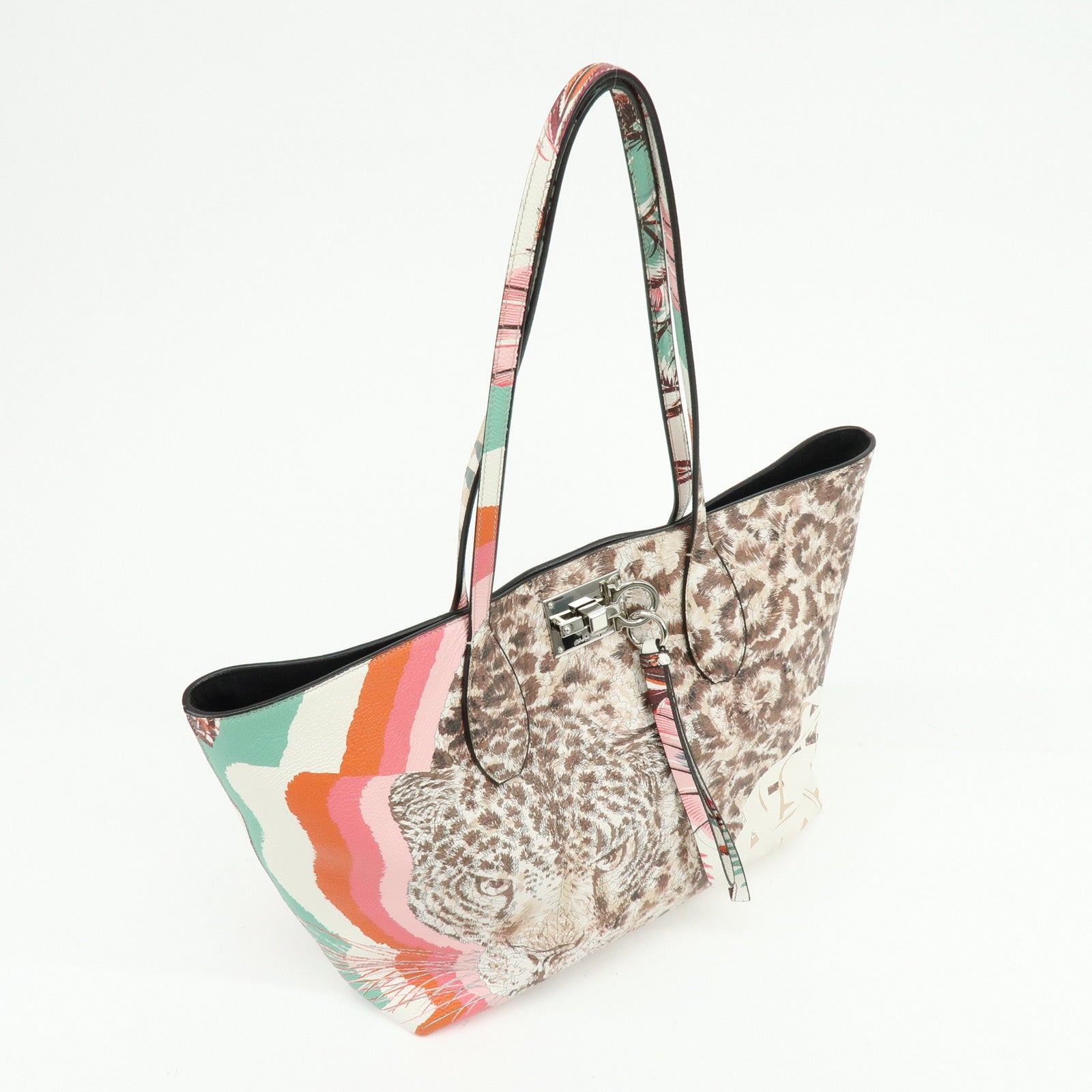 Ferragamo Gancini Leather Tote Bag Shoulder Bag Flower Print