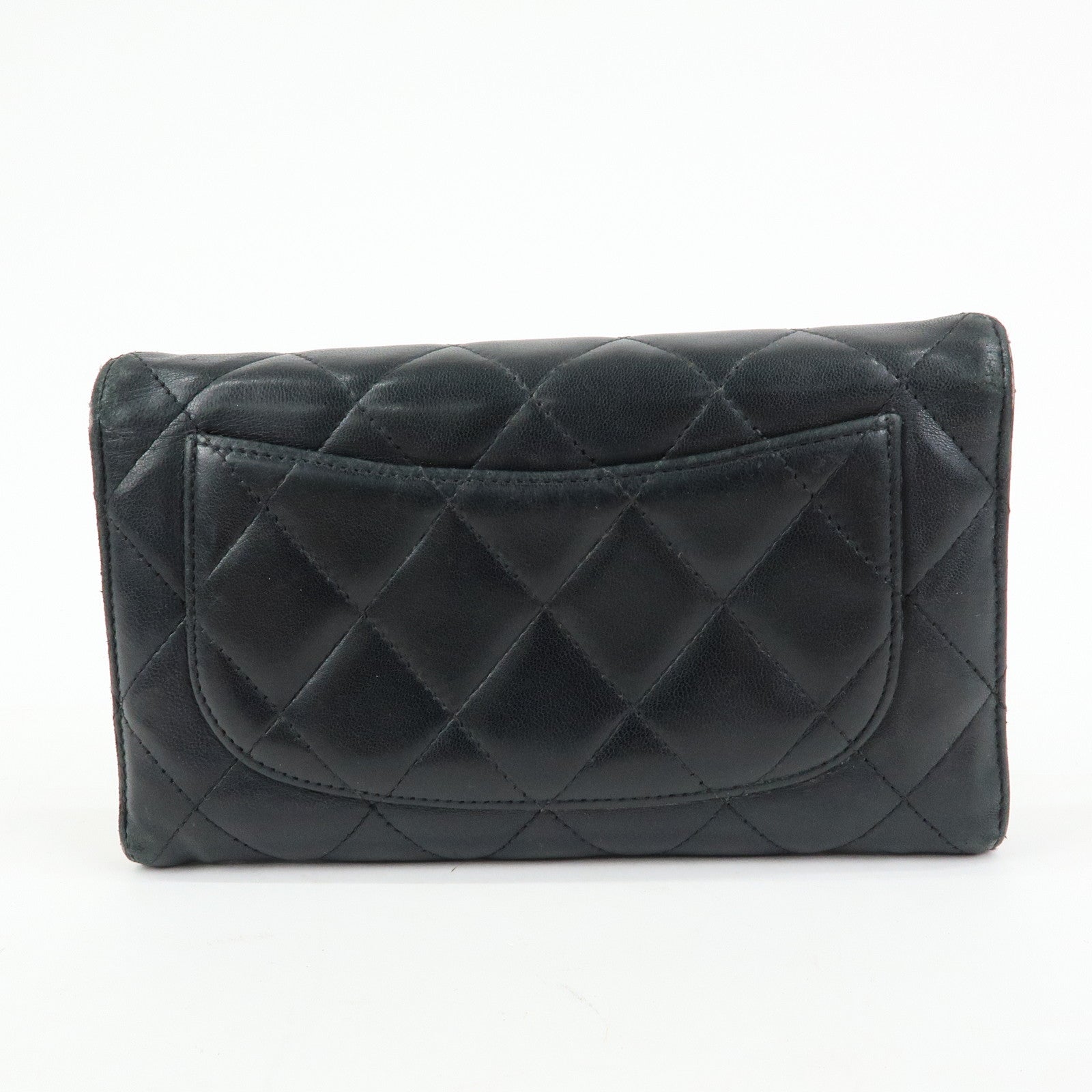 CHANEL Matelasse Lamb Skin Long Flap Wallet Black Silver A82281
