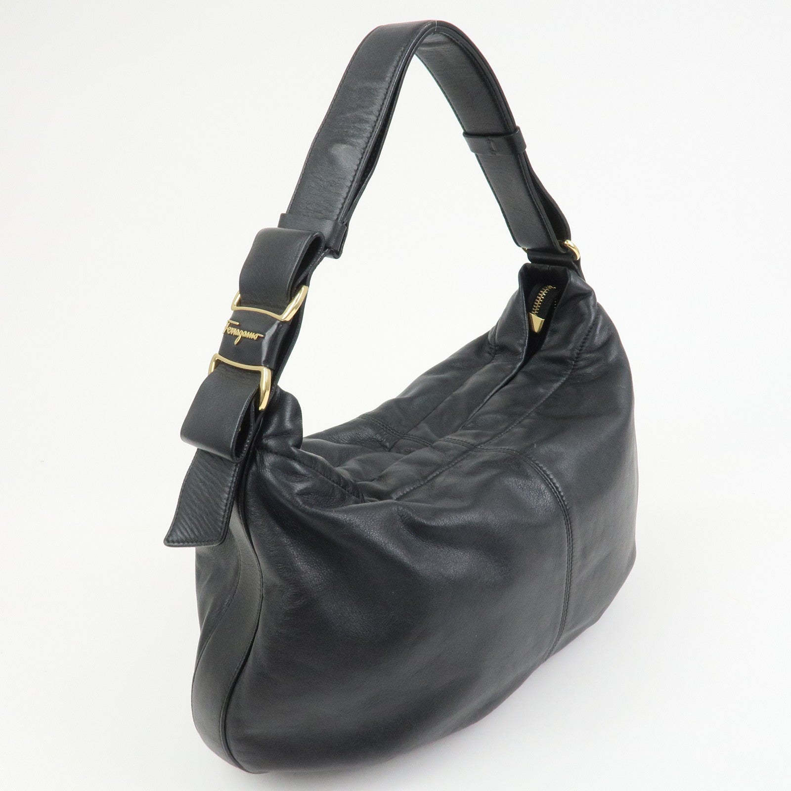 Ferragamo Vara Ribbon Leather Shoulder Bag Hand Bag Black