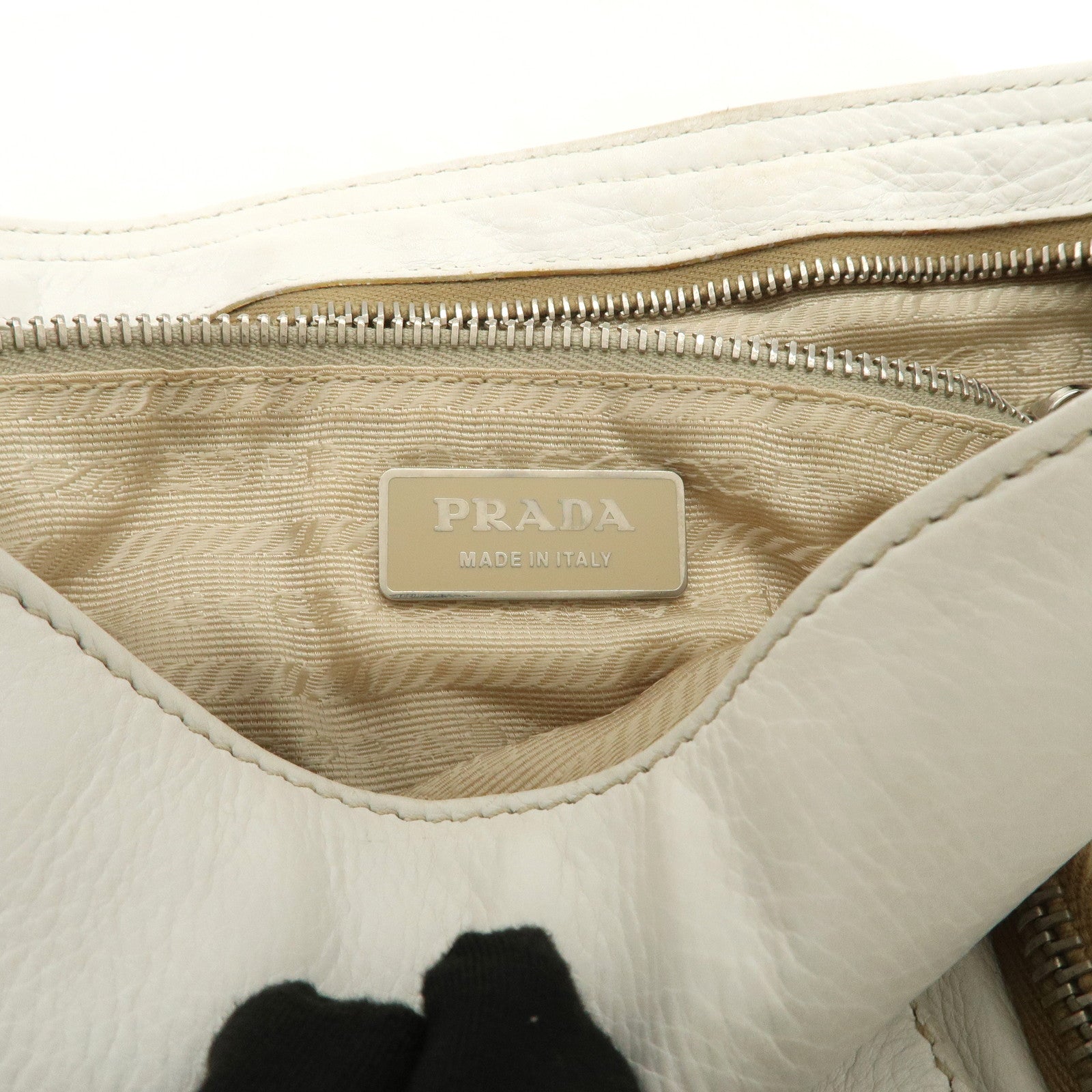 PRADA Triangle Logo Leather Nylon Shoulder Bag White Beige