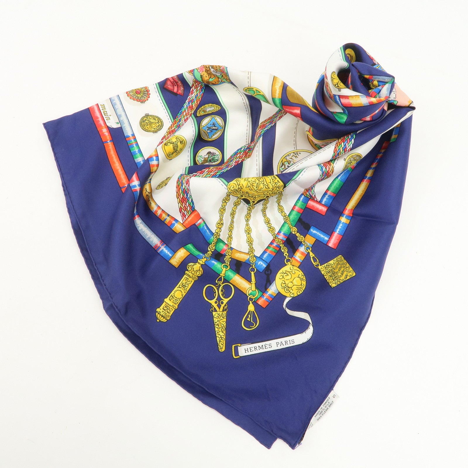 HERMES Carre 90 Silk 100% Scarf Petite main Navy White Multicolor