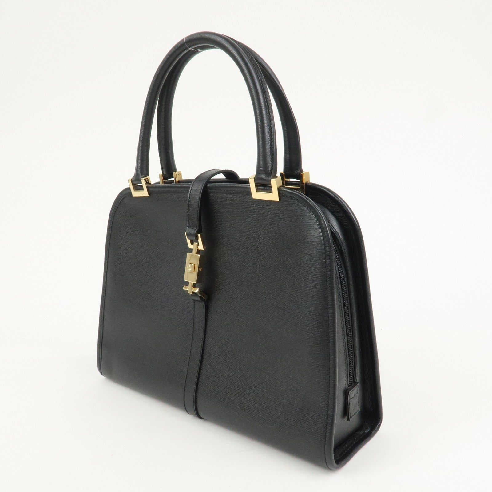 GUCCI Jackie Leather Hand Bag Tote Bag Black Gold 002.1071