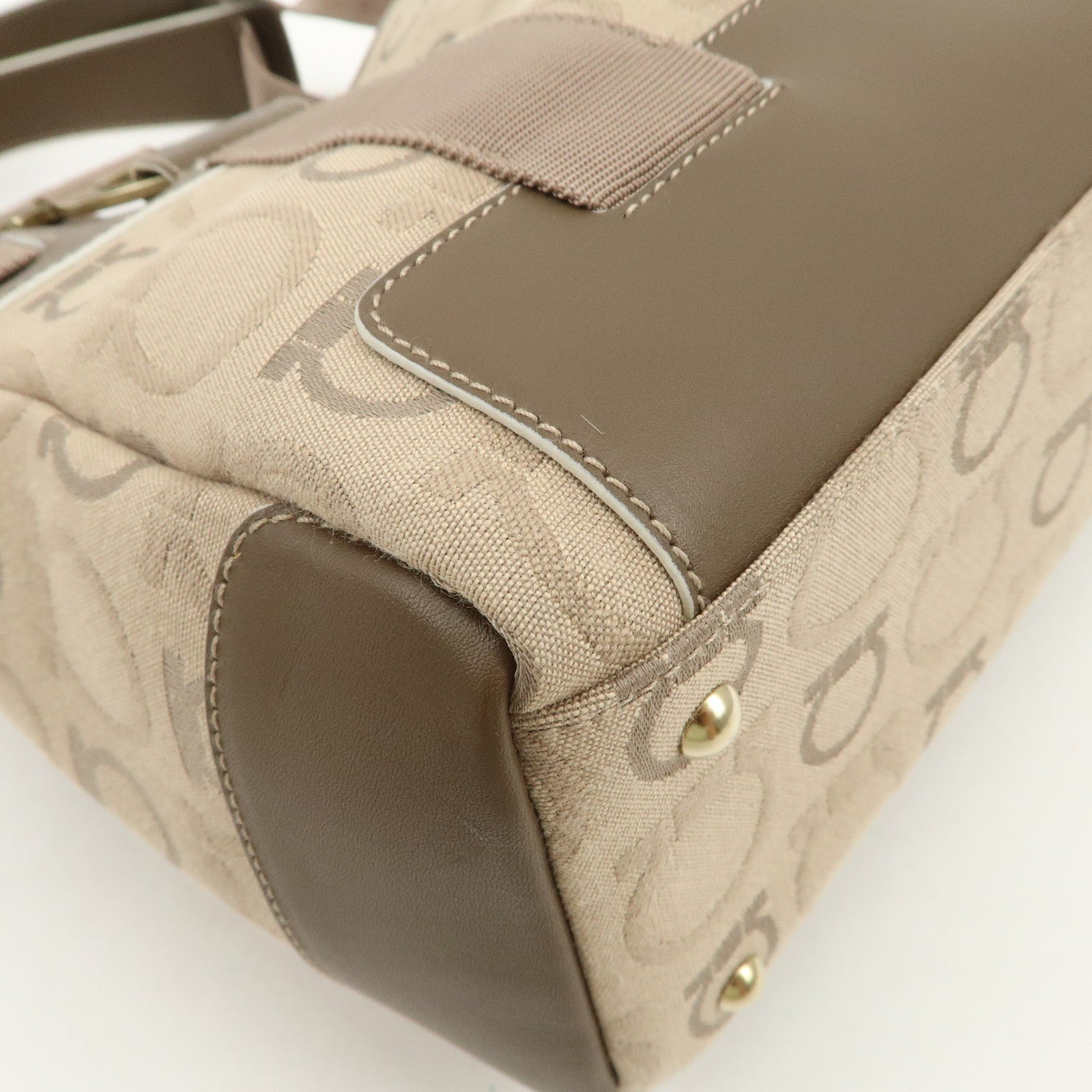 Ferragamo Gancini Canvas Leather Tote Bag Shoulder Bag Beige Brown